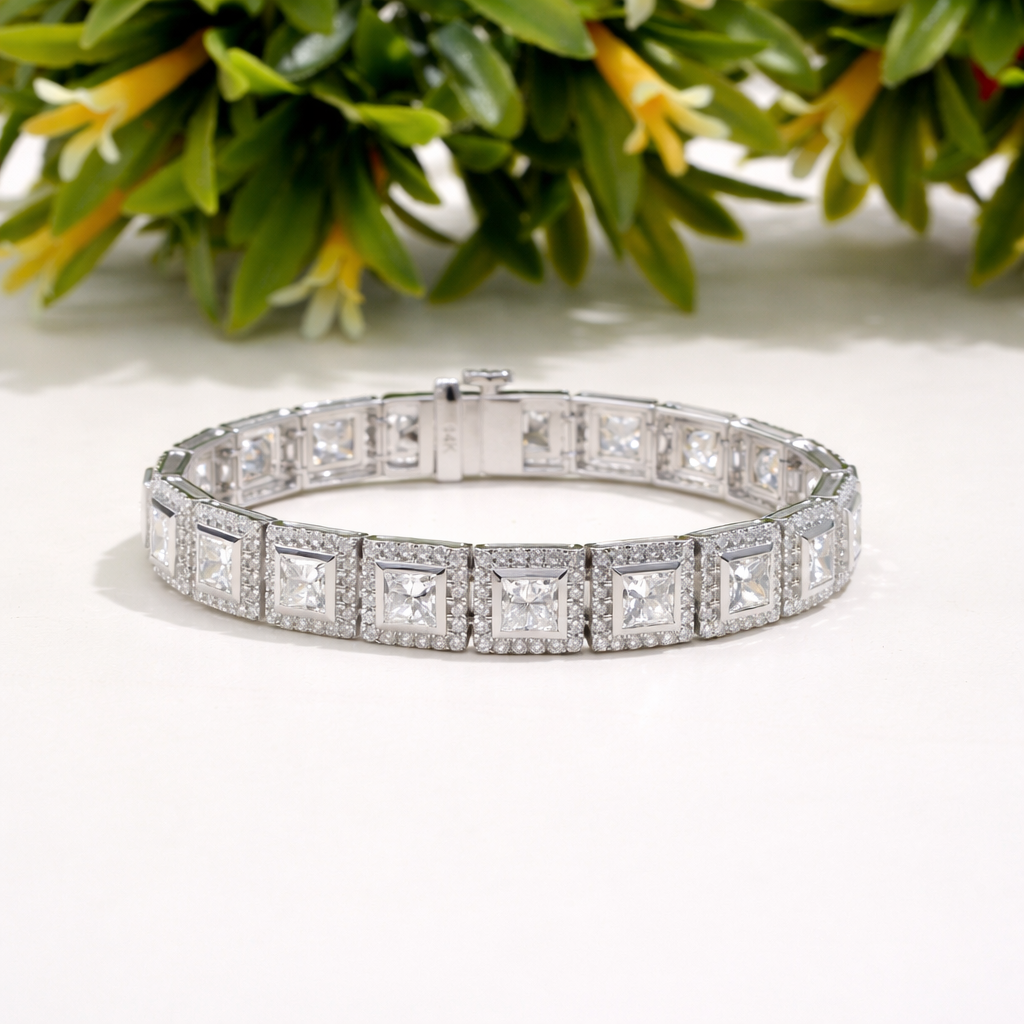 Handmade Princess Cut Diamond Halo Bracelet Square Link Tennis Bracelet for Women Luxury Bridal Wedding Jewelry Anniversary Gift for Her