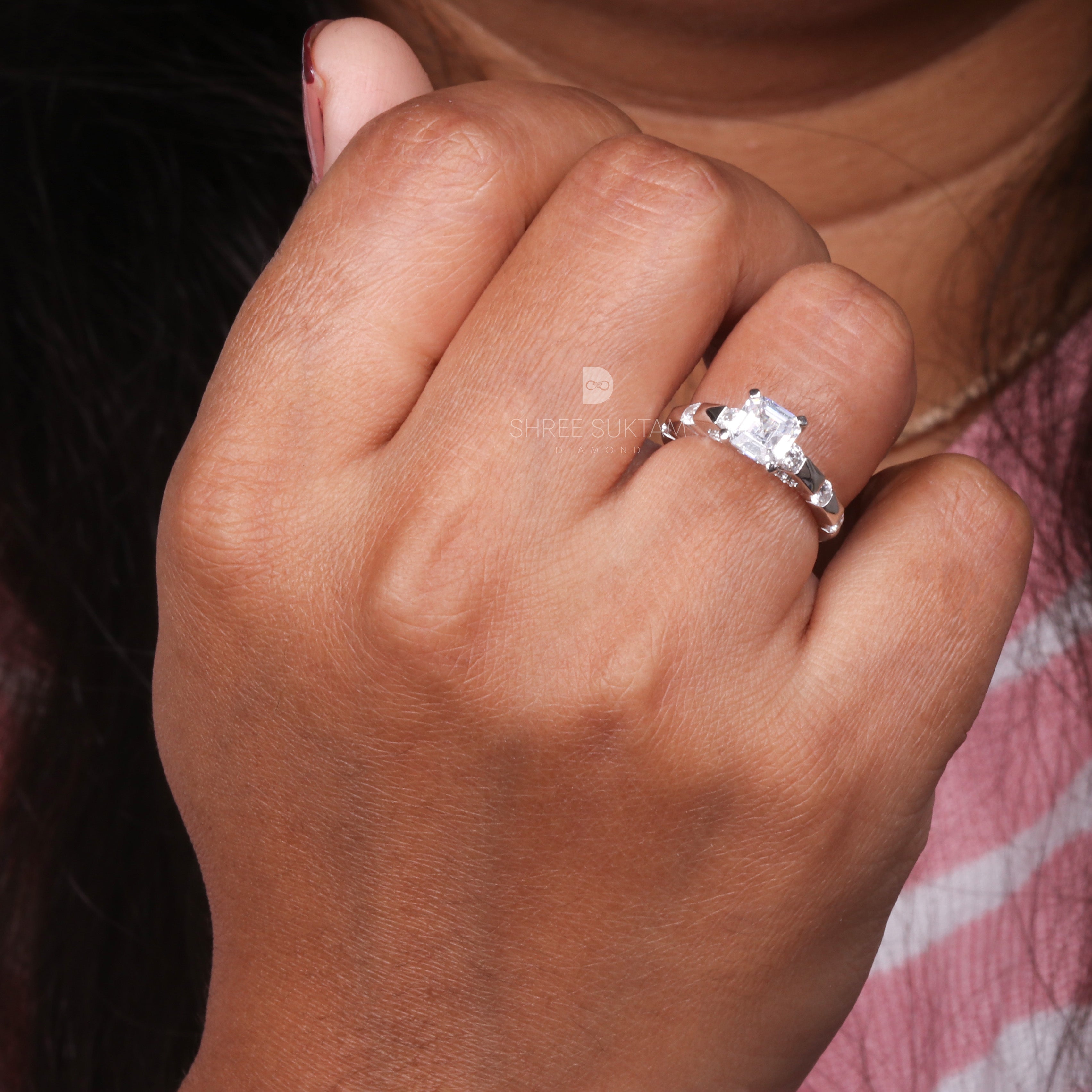 Asscher Cut Lab Grown Diamond Round Alternate Pave Shank Engagement Ring