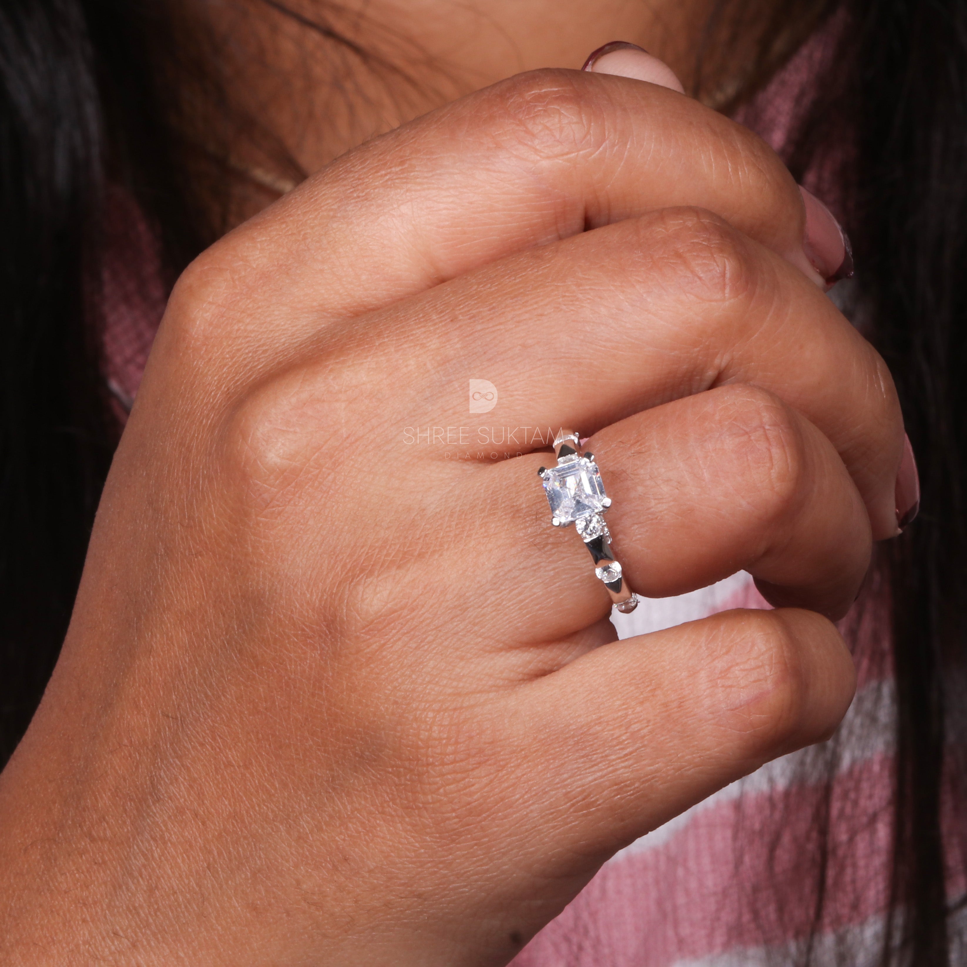 Asscher Cut Lab Grown Diamond Round Alternate Pave Shank Engagement Ring