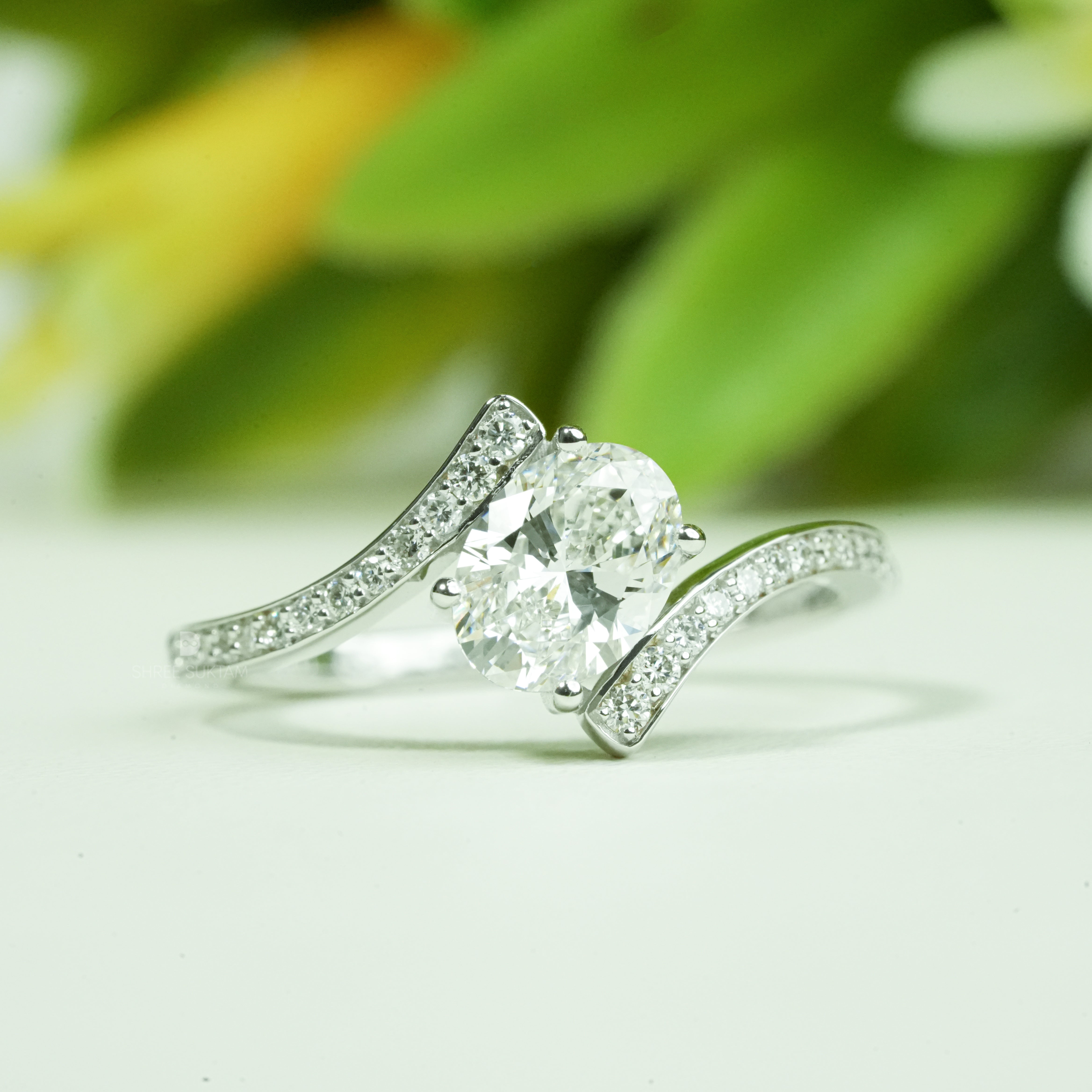 Elegant Oval Lab Grown Diamond Engagement Ring Bypass Shank Pave Band
