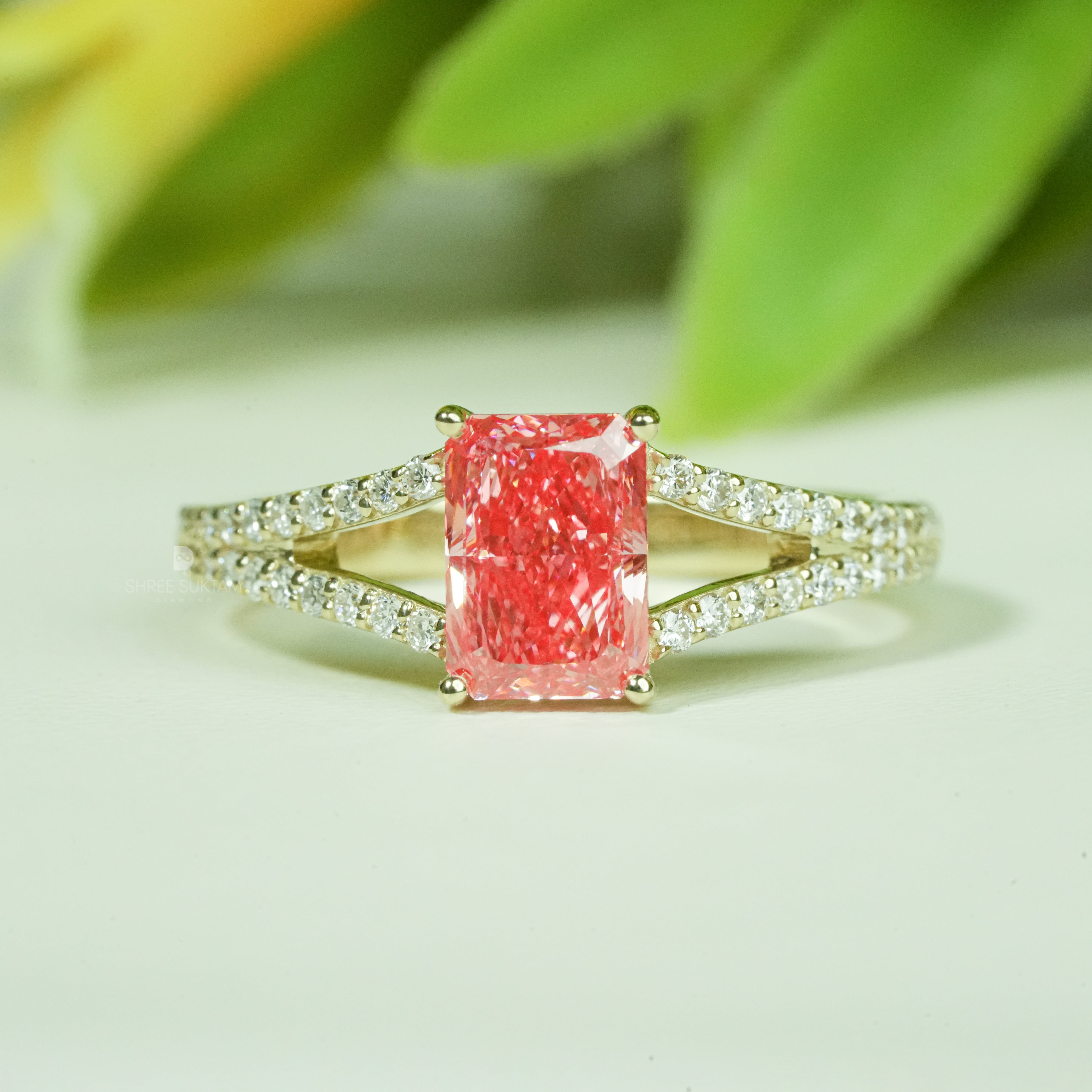 pink diamond engagement ring, radiant cut pink diamond ring, pink diamond ring gold, split shank diamond ring, pave diamond band ring, luxury pink diamond jewelry, fancy pink diamond ring, women engagement ring pink diamond, yellow gold pink diamond ring, statement diamond ring, anniversary diamond ring, bridal pink diamond ring, fine jewelry diamond ring, elegant diamond ring for women