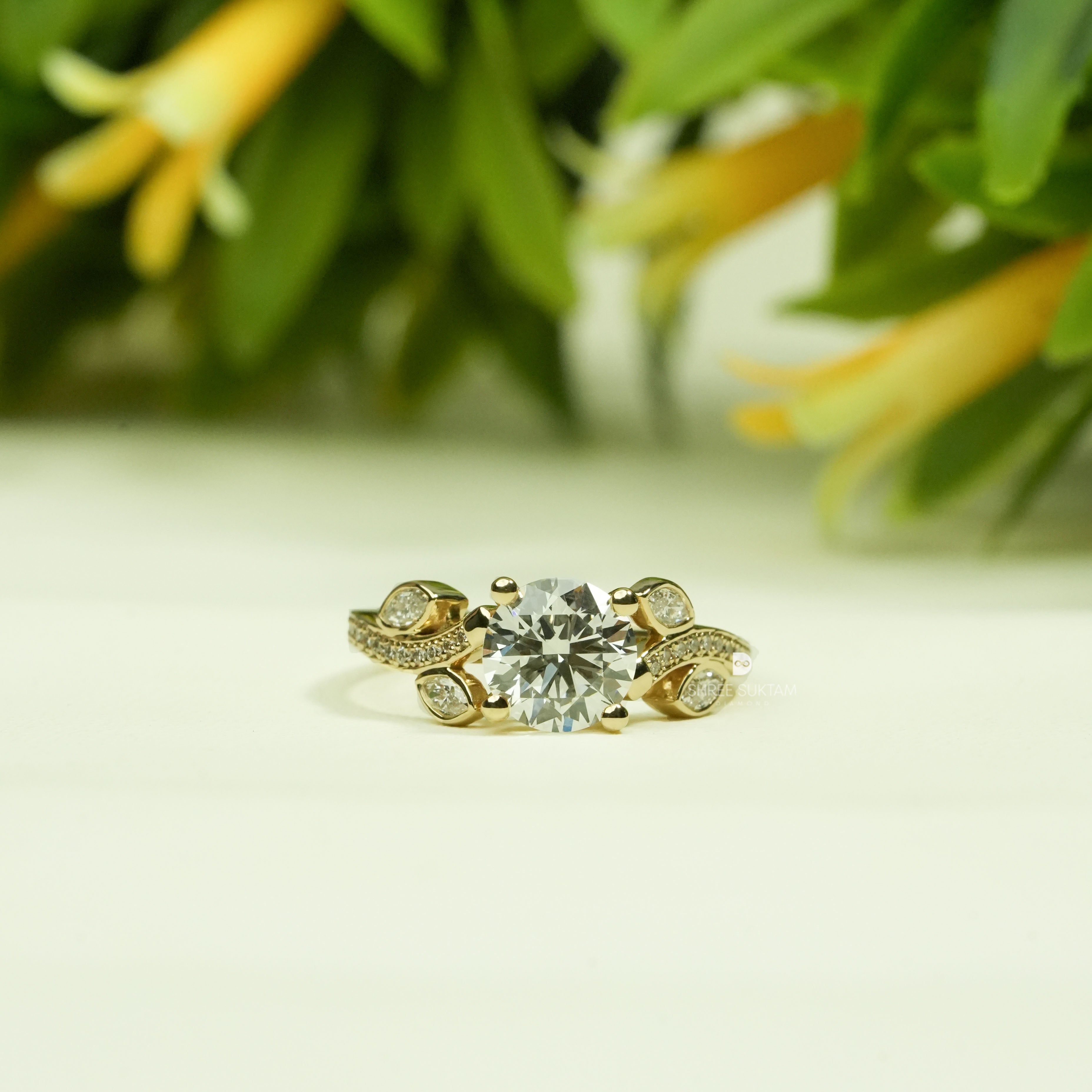 Vintage Style Round Diamond Engagement Ring Floral Lab Grown Diamond Ring