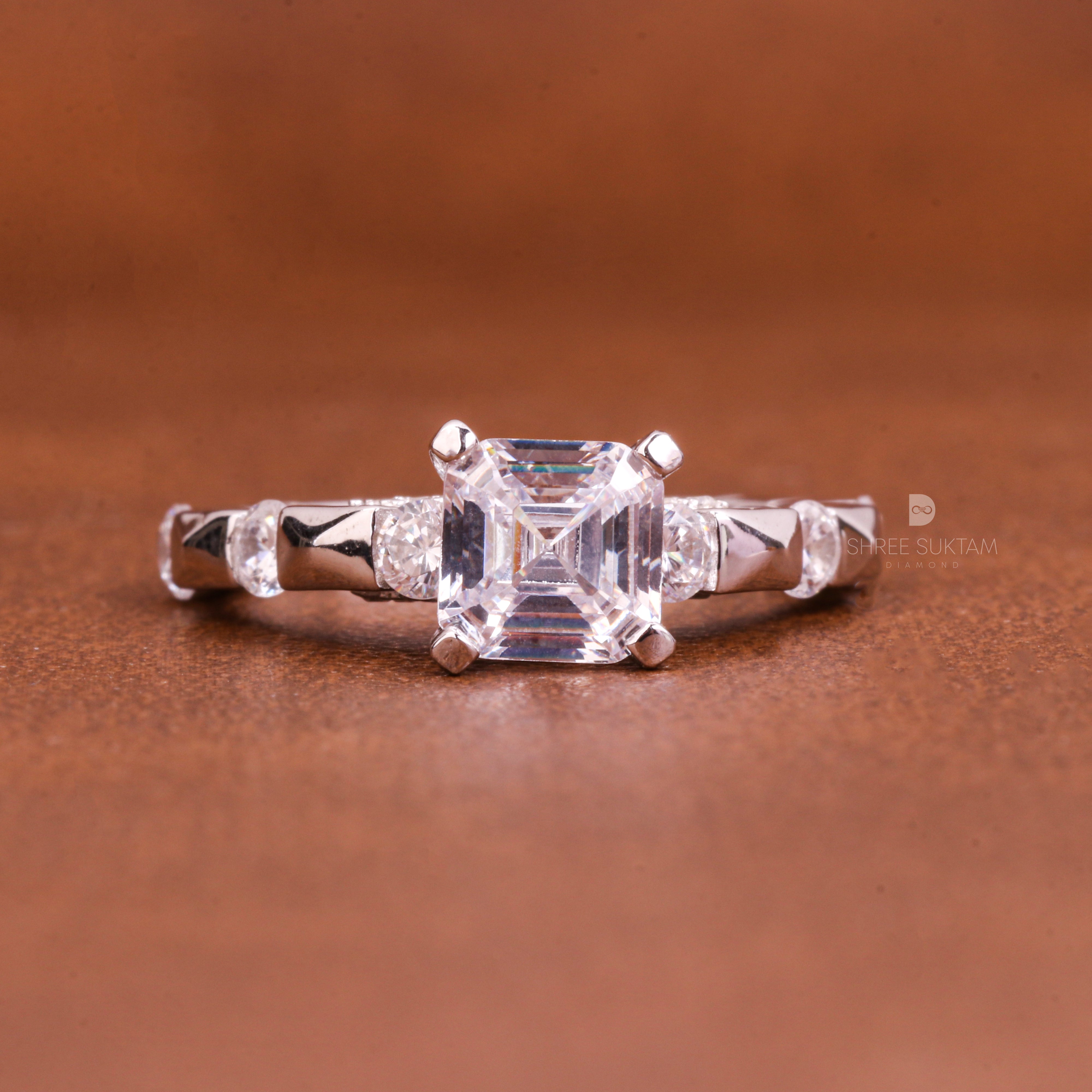 Asscher Cut Lab Grown Diamond Round Alternate Pave Shank Engagement Ring