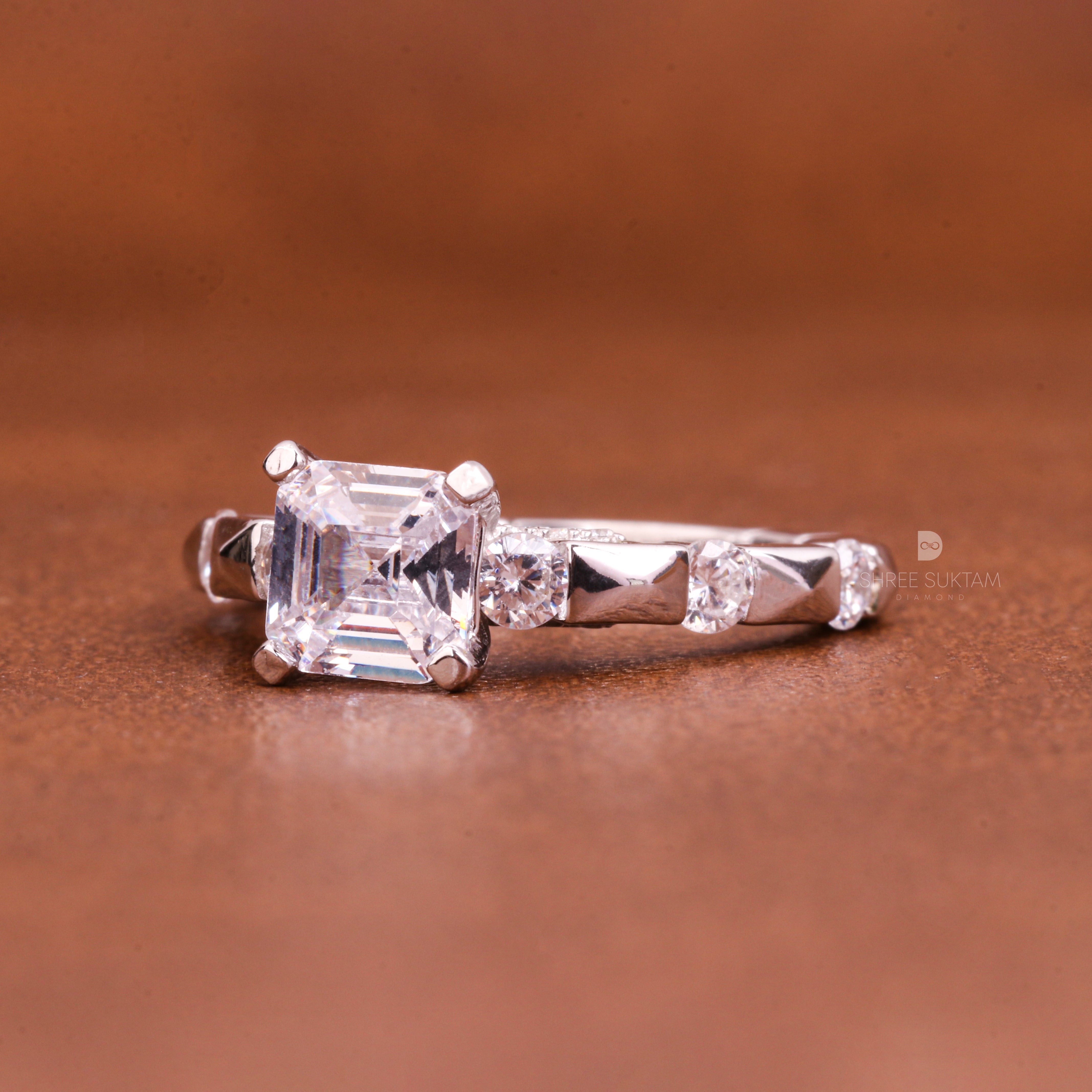 Asscher Cut Lab Grown Diamond Round Alternate Pave Shank Engagement Ring