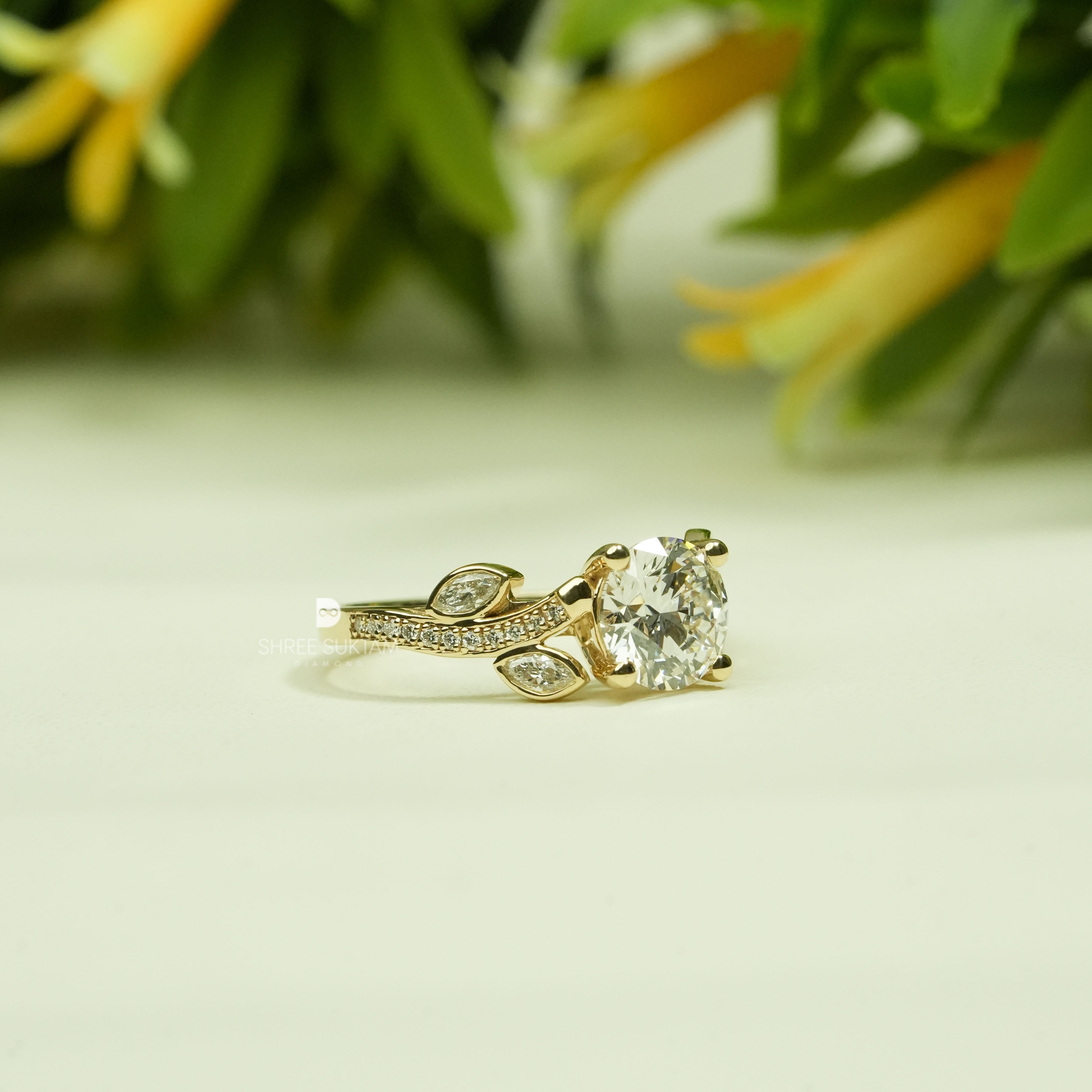 Vintage Style Round Diamond Engagement Ring Floral Lab Grown Diamond Ring