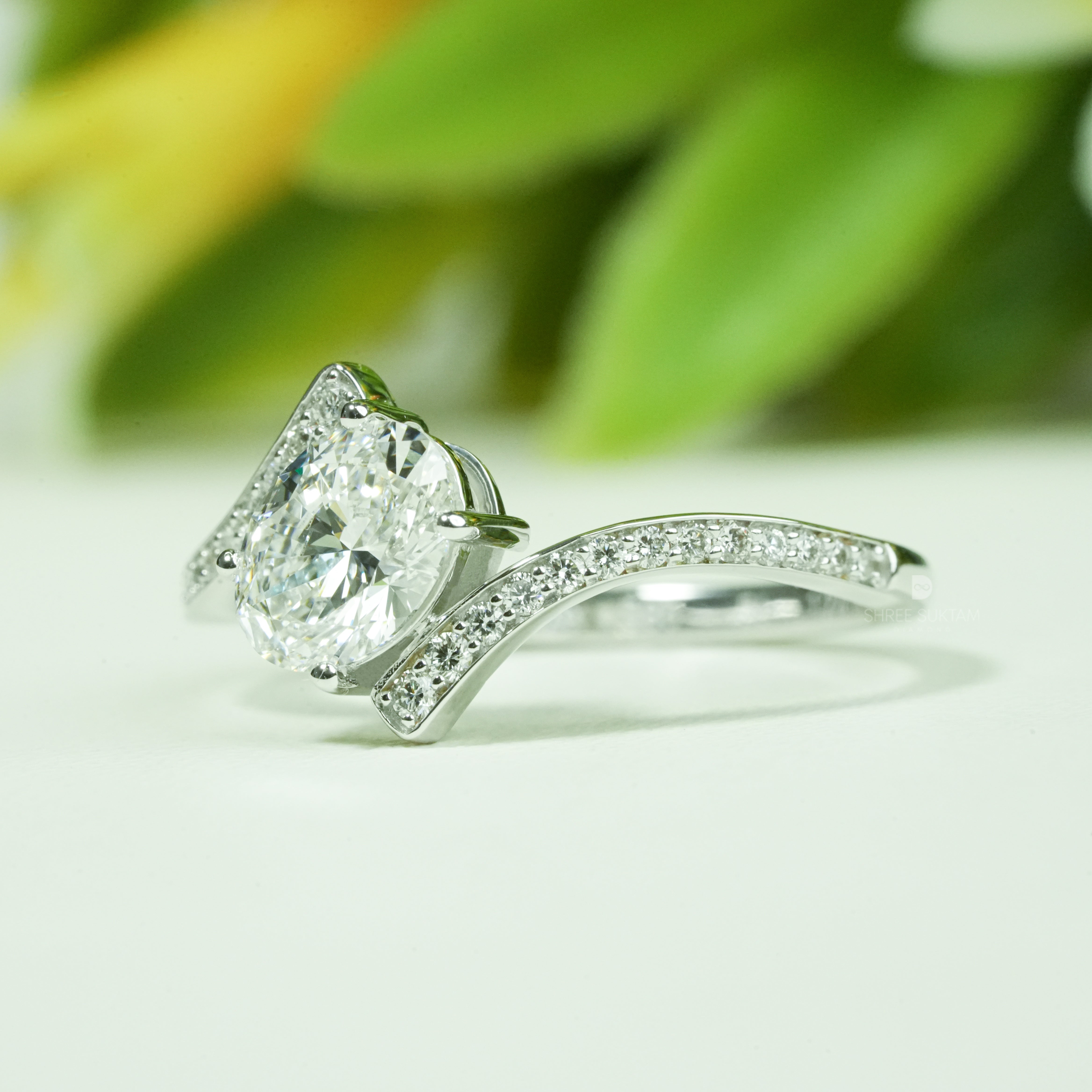 Elegant Oval Lab Grown Diamond Engagement Ring Bypass Shank Pave Band