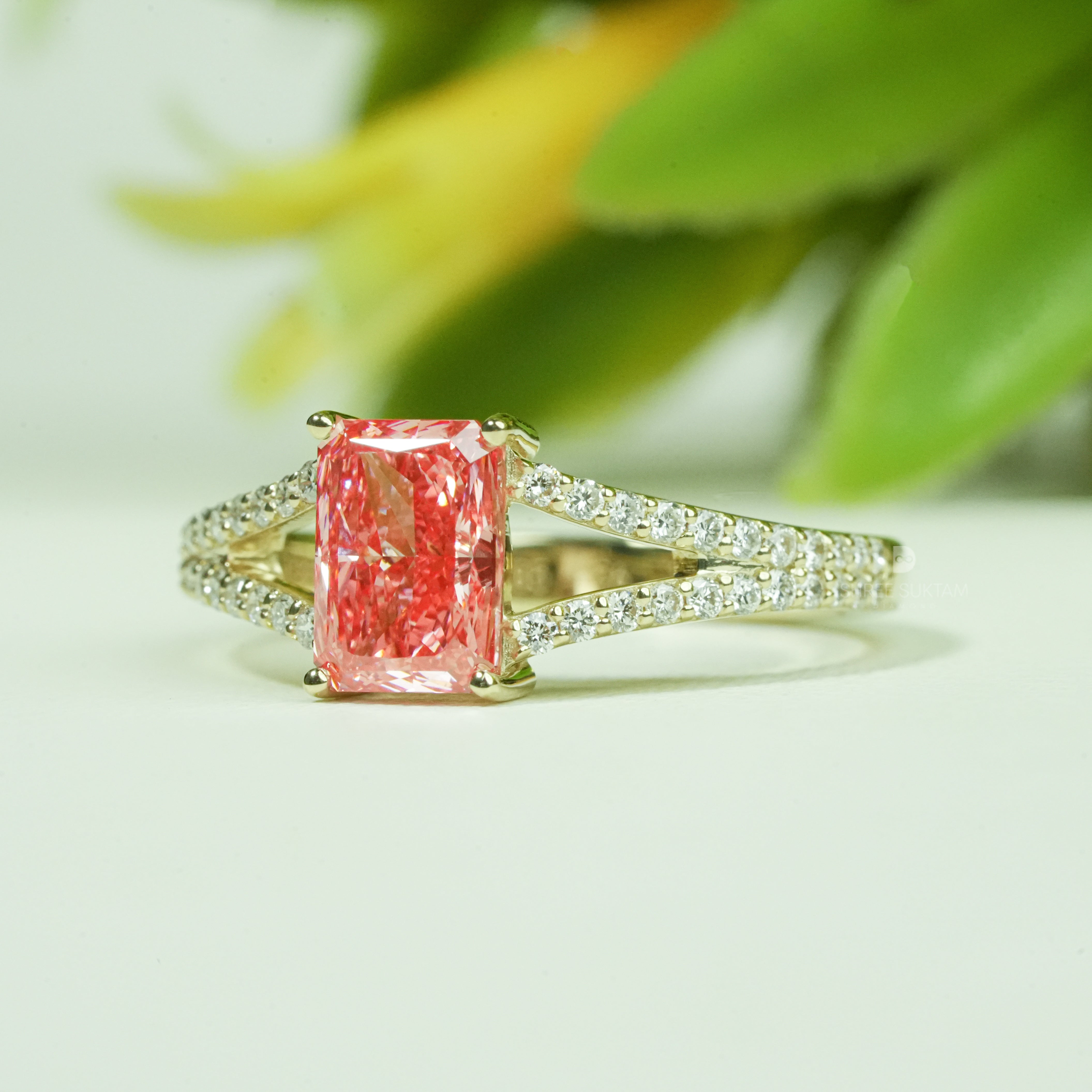 pink diamond engagement ring, radiant cut pink diamond ring, pink diamond ring gold, split shank diamond ring, pave diamond band ring, luxury pink diamond jewelry, fancy pink diamond ring, women engagement ring pink diamond, yellow gold pink diamond ring, statement diamond ring, anniversary diamond ring, bridal pink diamond ring, fine jewelry diamond ring, elegant diamond ring for women