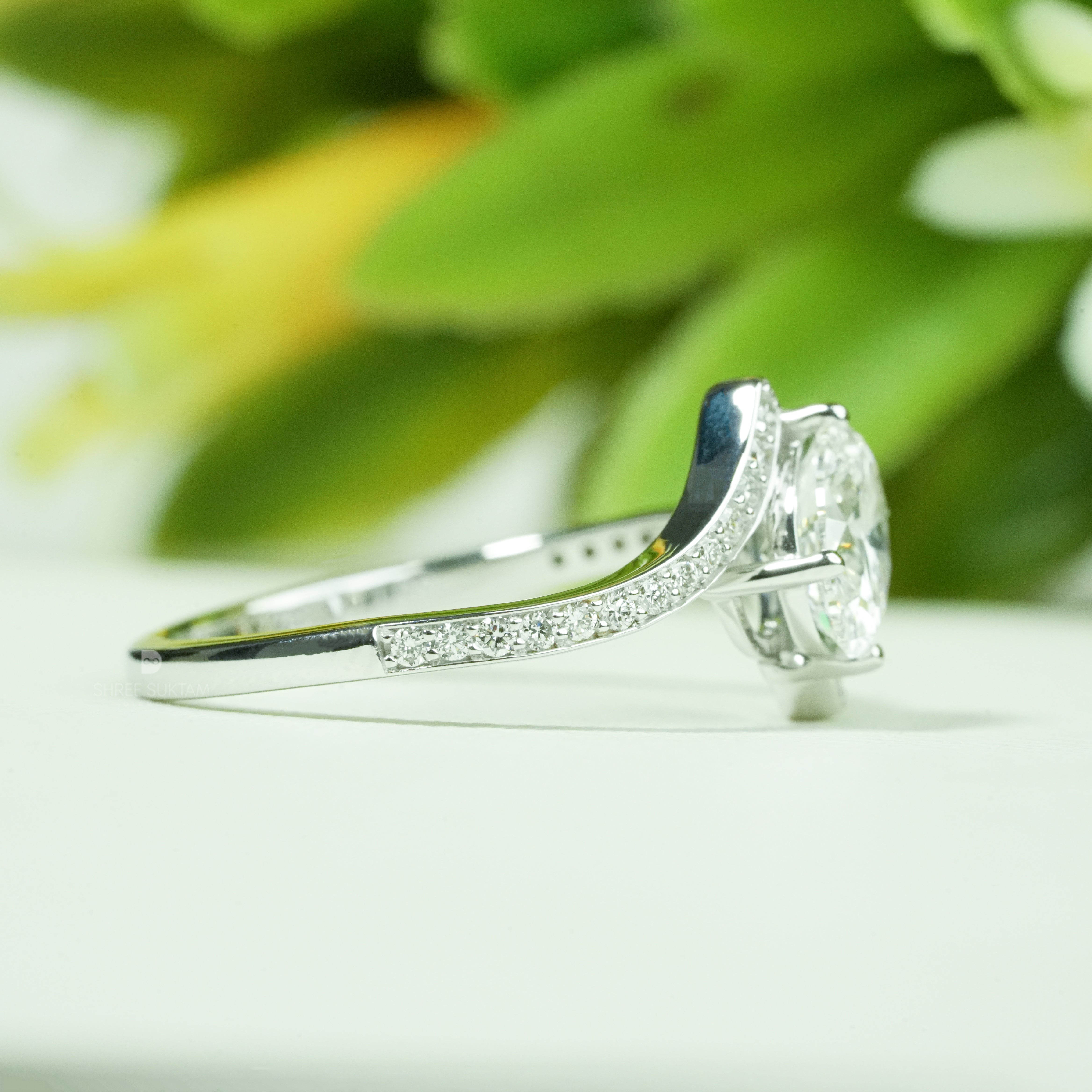 Elegant Oval Lab Grown Diamond Engagement Ring Bypass Shank Pave Band