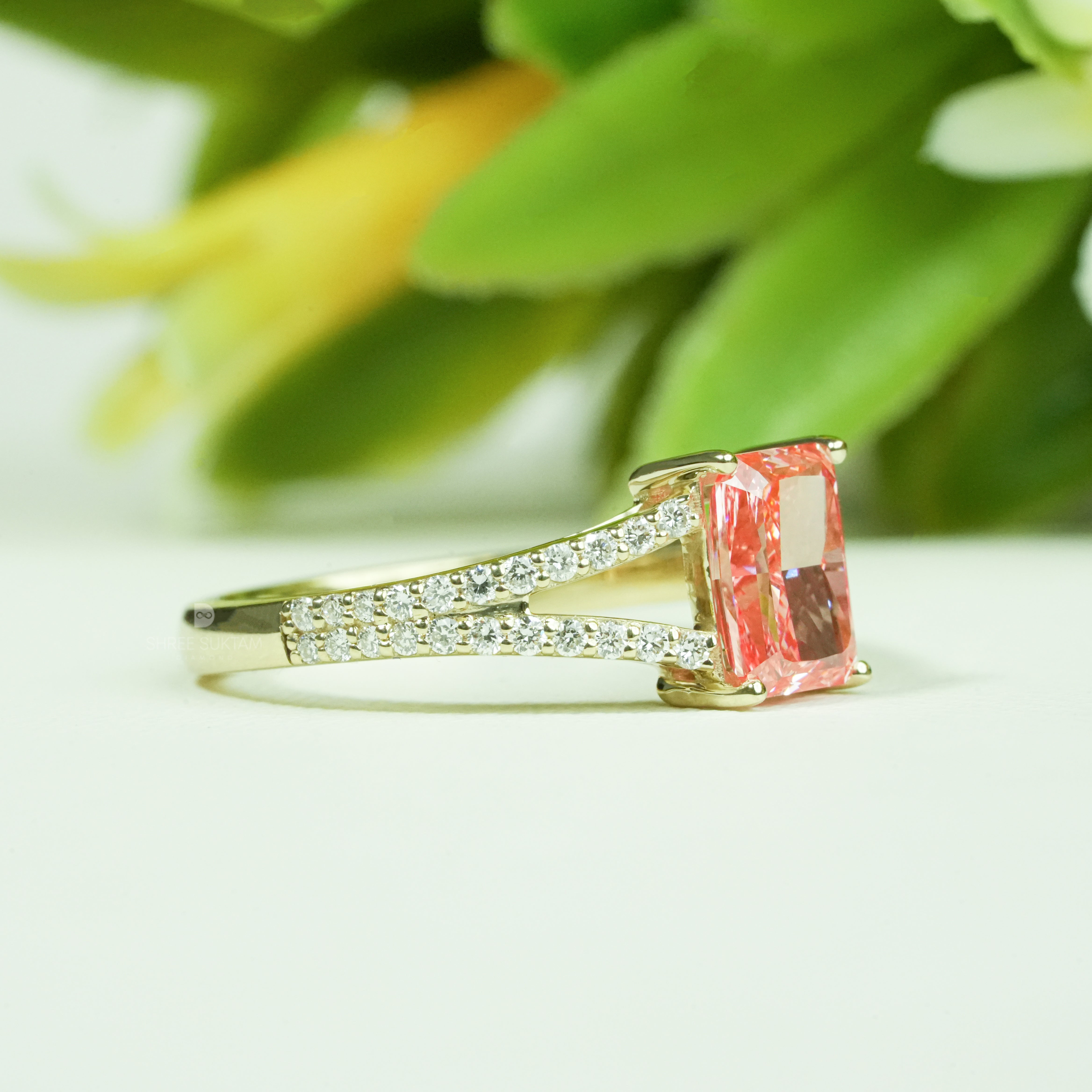 pink diamond engagement ring, radiant cut pink diamond ring, pink diamond ring gold, split shank diamond ring, pave diamond band ring, luxury pink diamond jewelry, fancy pink diamond ring, women engagement ring pink diamond, yellow gold pink diamond ring, statement diamond ring, anniversary diamond ring, bridal pink diamond ring, fine jewelry diamond ring, elegant diamond ring for women