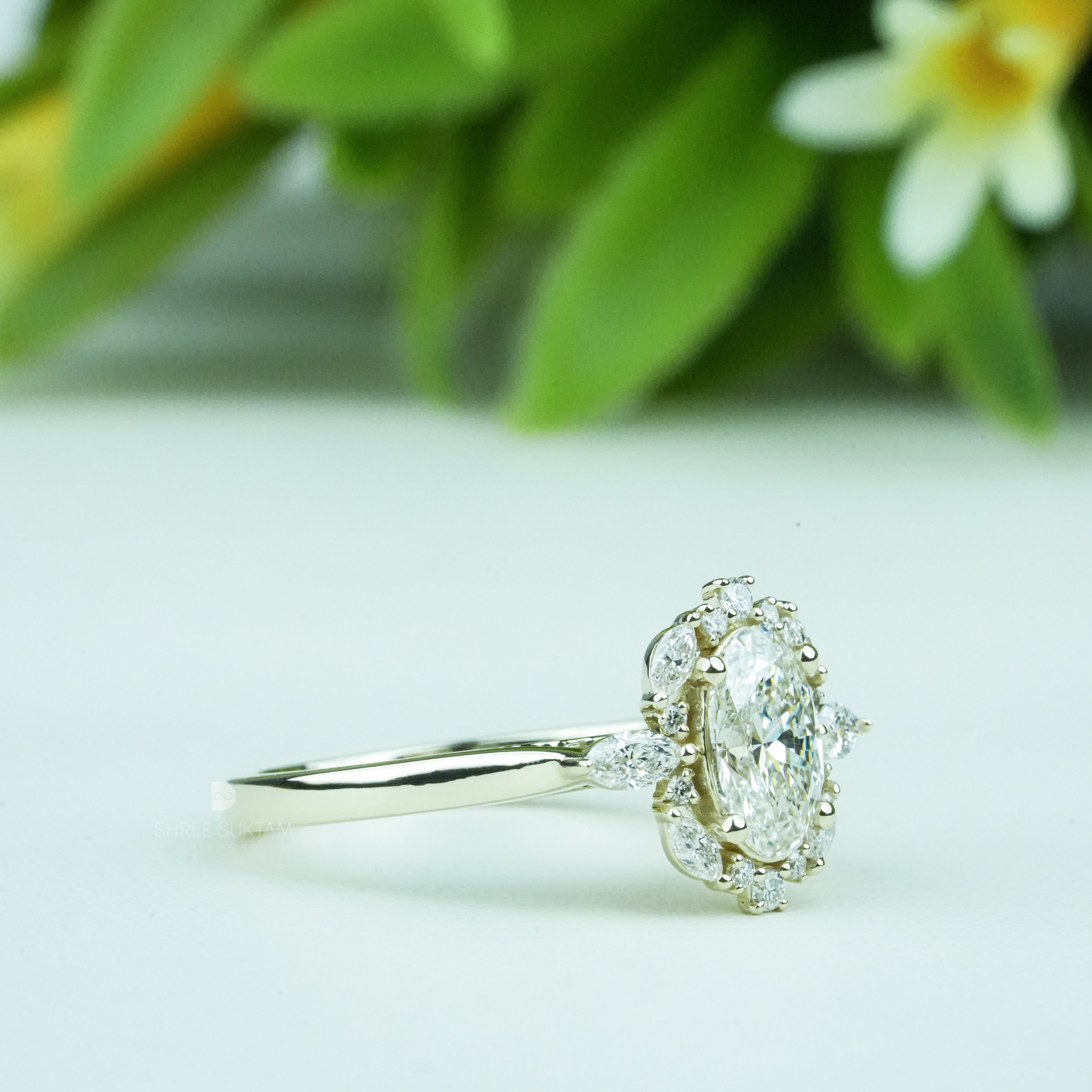 Oval Diamond Cluster Engagement Ring Lab Grown Diamond Marquise Halo Floral Ring