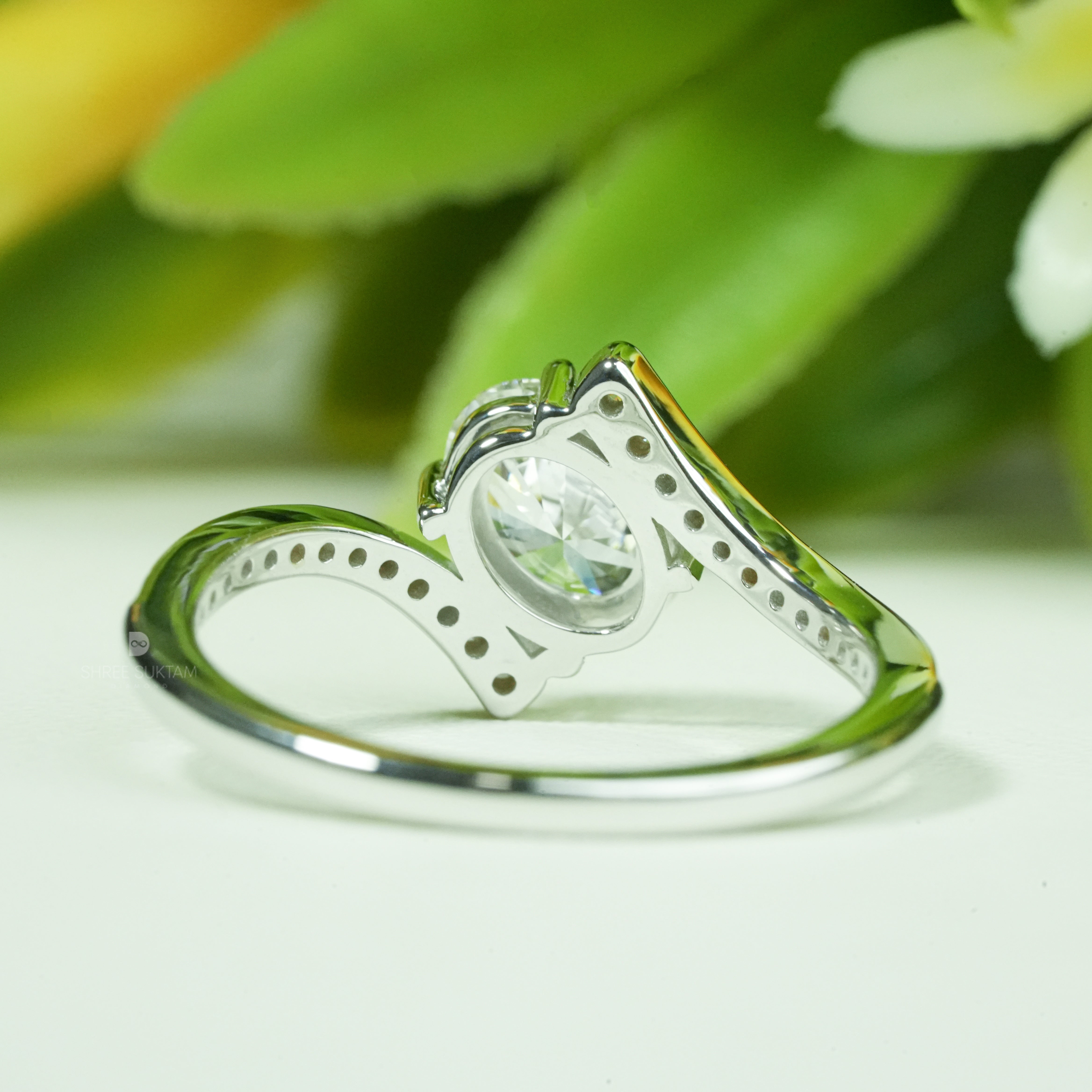 Elegant Oval Lab Grown Diamond Engagement Ring Bypass Shank Pave Band
