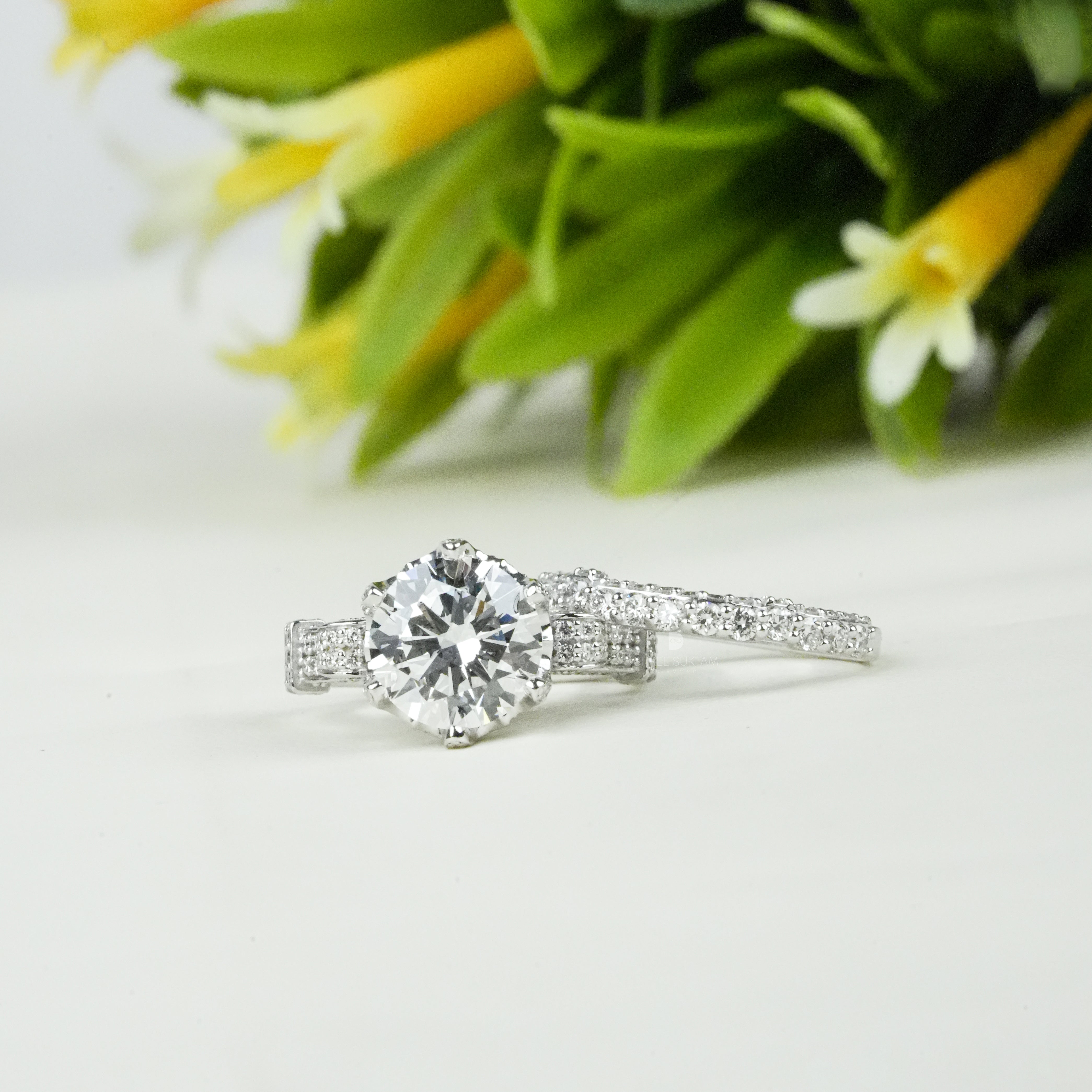 Elegant round-cut diamond engagement ring in white gold with a brilliant solitaire centerpiece and a stunning multi-row pavé diamond band. This sparkling bridal ring set combines timeless sophistication with modern luxury, making it perfect for engagements, weddings, anniversaries, or special occasions. The brilliant-cut stone and dazzling side diamonds enhance brilliance and elegance, ideal for a classic yet glamorous jewelry statement.