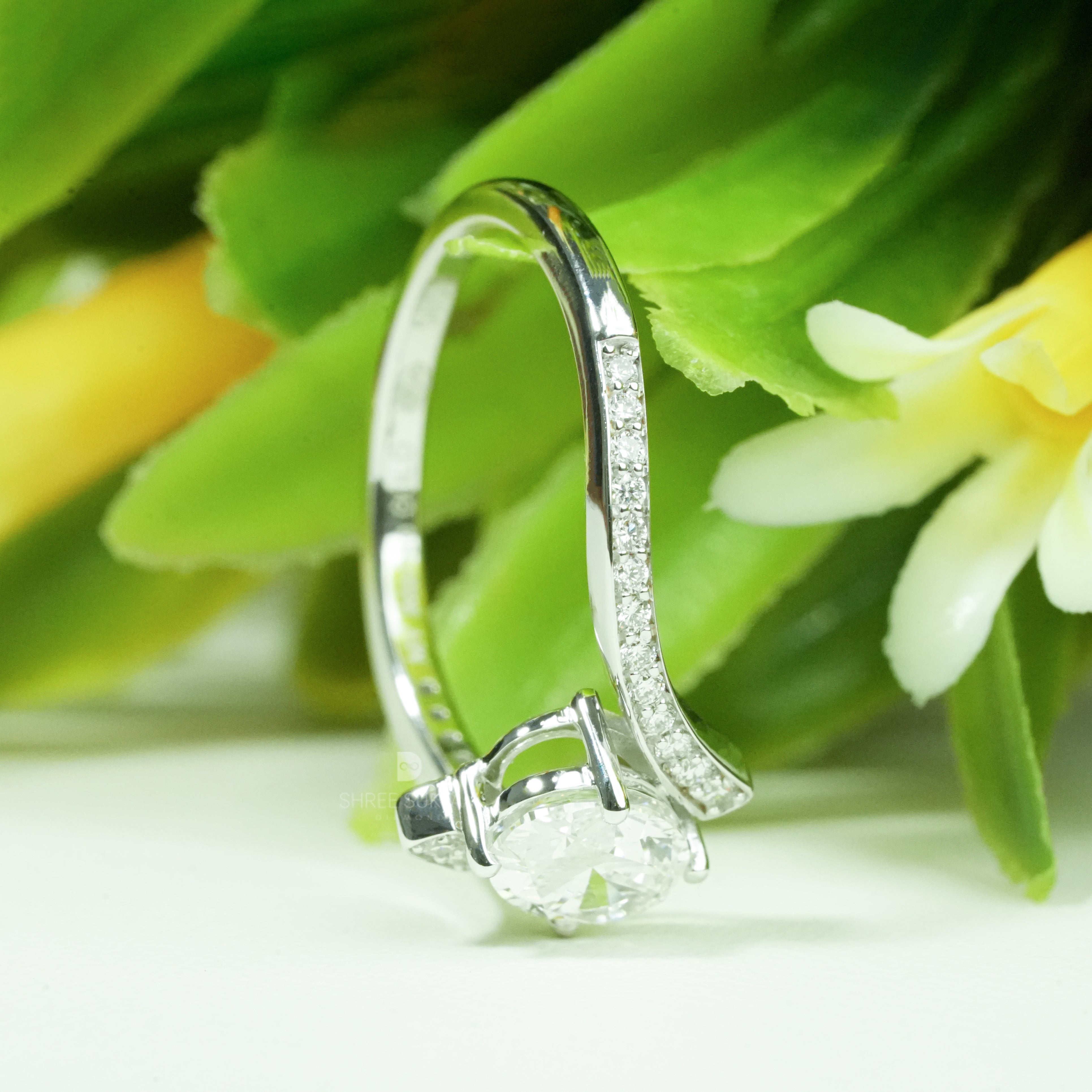 Elegant Oval Lab Grown Diamond Engagement Ring Bypass Shank Pave Band