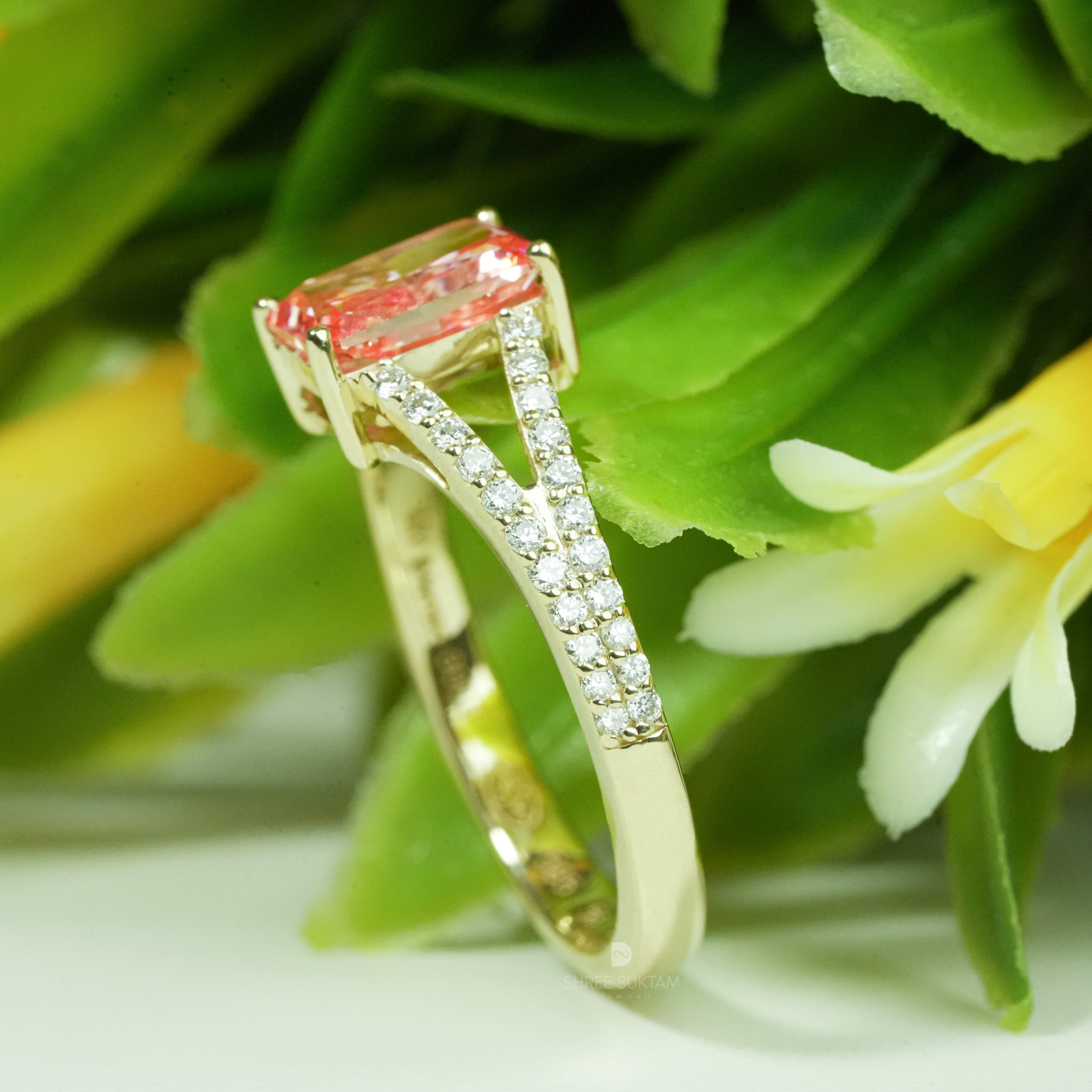 pink diamond engagement ring, radiant cut pink diamond ring, pink diamond ring gold, split shank diamond ring, pave diamond band ring, luxury pink diamond jewelry, fancy pink diamond ring, women engagement ring pink diamond, yellow gold pink diamond ring, statement diamond ring, anniversary diamond ring, bridal pink diamond ring, fine jewelry diamond ring, elegant diamond ring for women