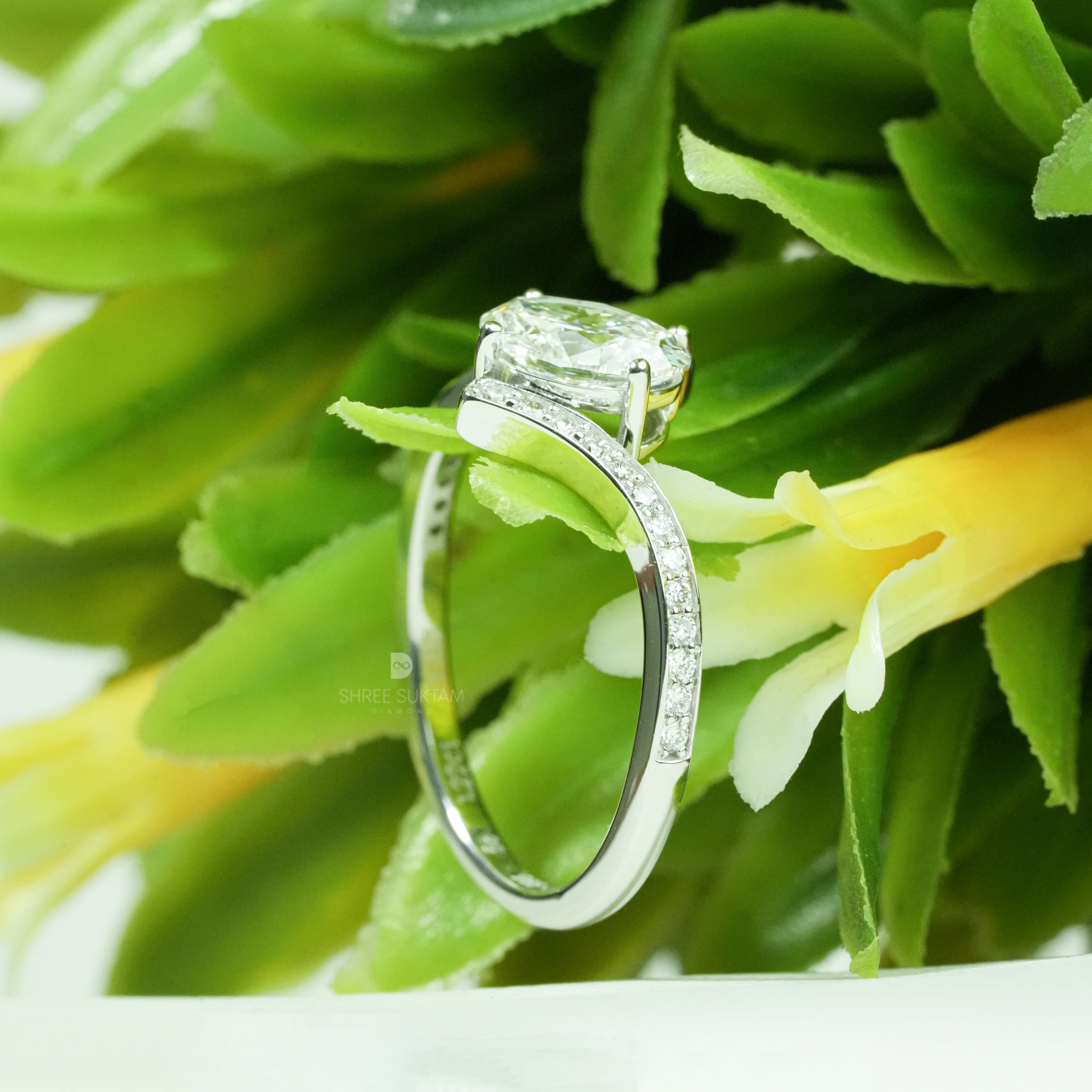 Elegant Oval Lab Grown Diamond Engagement Ring Bypass Shank Pave Band