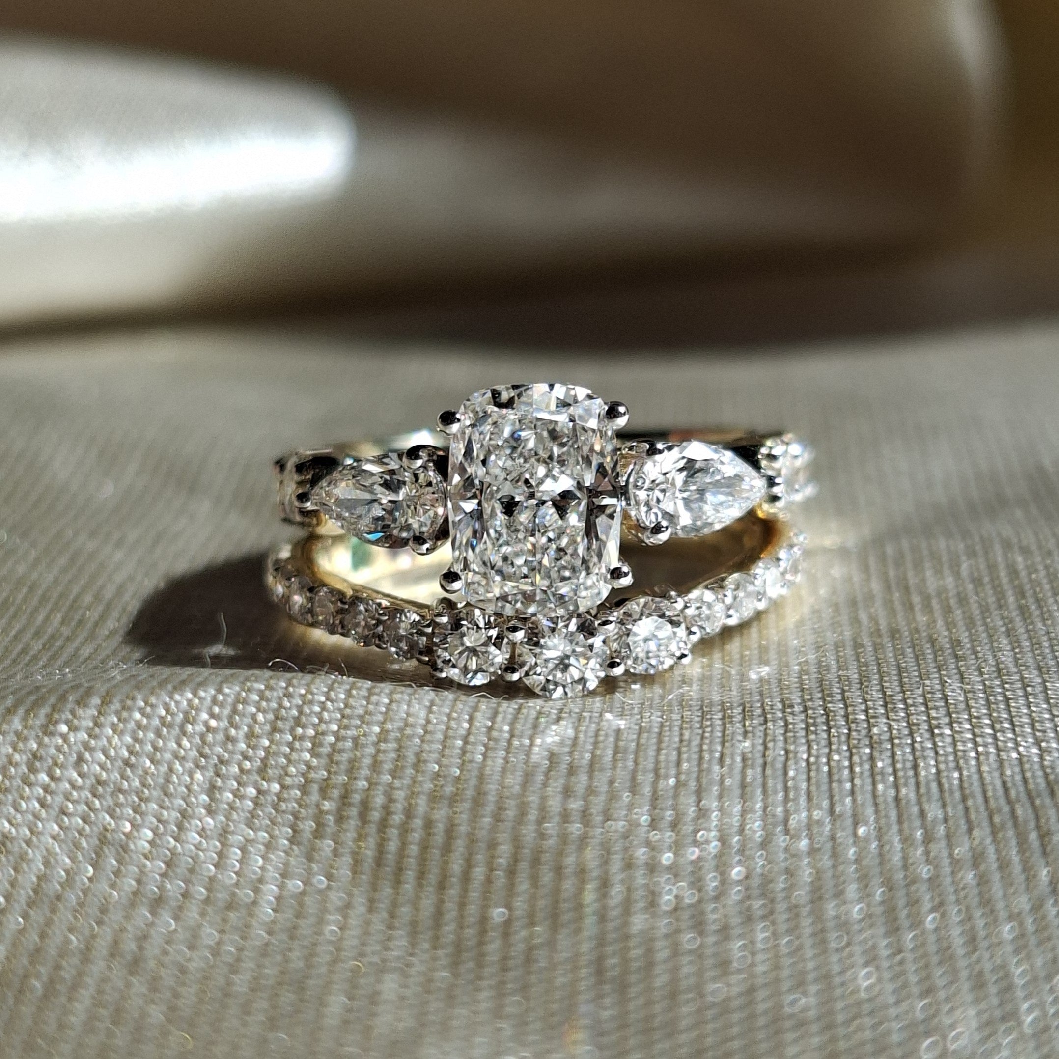 Cushion Lab Grown Diamond Engagement Ring Set Pear Side Stone Wedding Ring Set