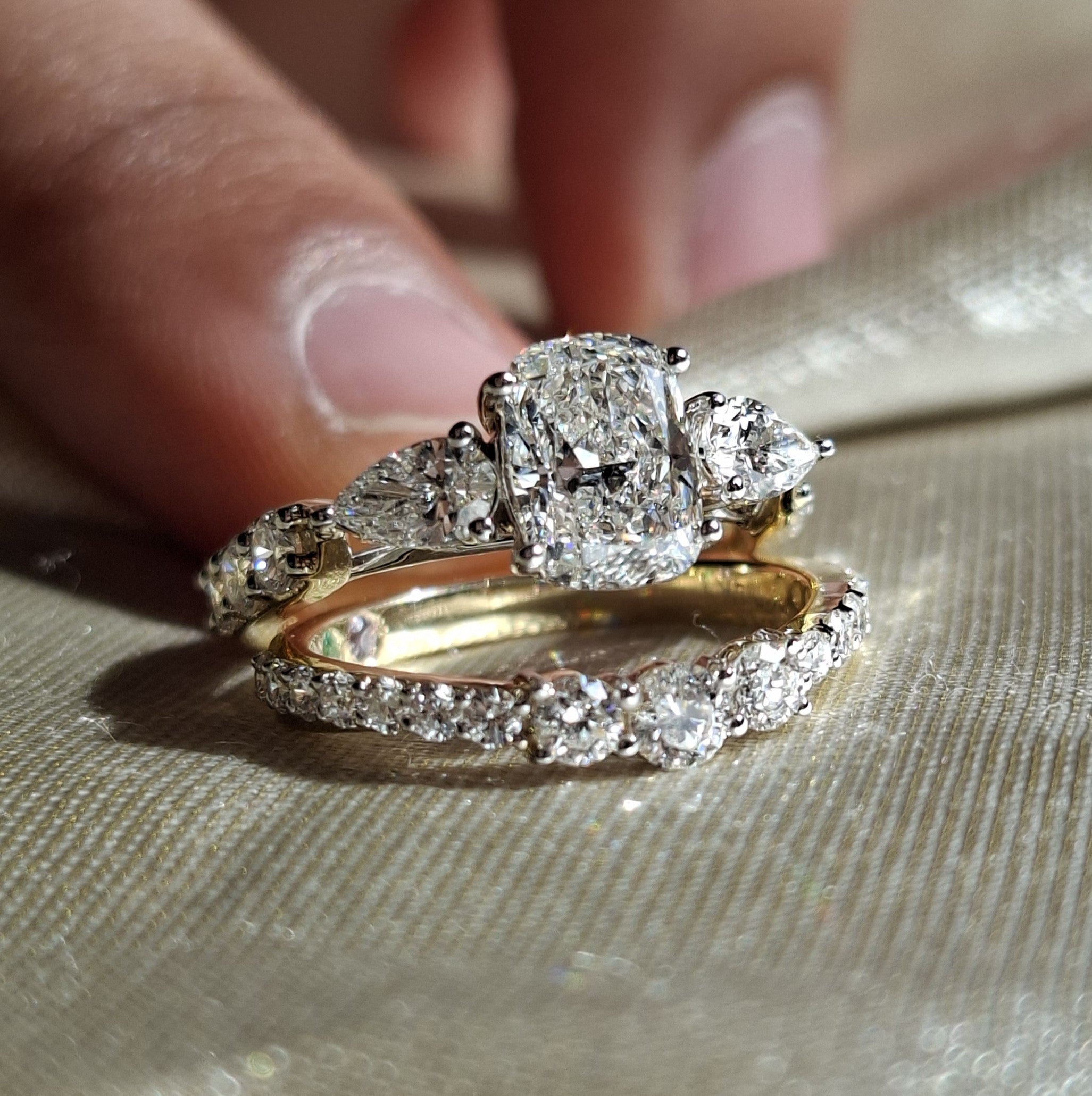Cushion Lab Grown Diamond Engagement Ring Set Pear Side Stone Wedding Ring Set