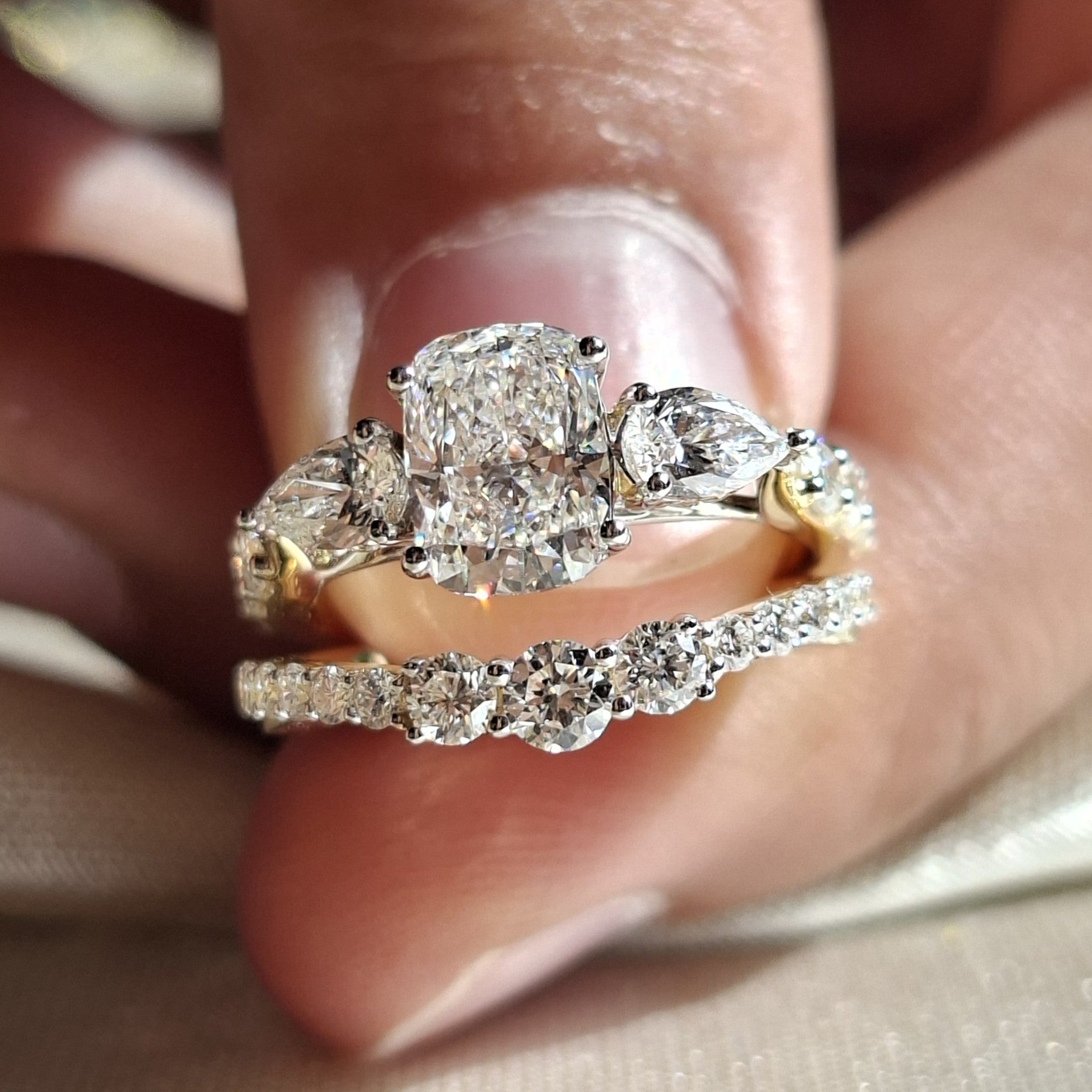Cushion Lab Grown Diamond Engagement Ring Set Pear Side Stone Wedding Ring Set