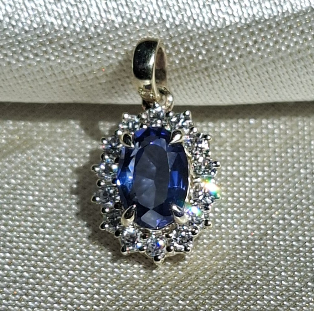Oval Blue Sapphire Halo Pendant Necklace September Birthstone Gold Sapphire Charm Gift for Her lab grown diamond handmade jewelry