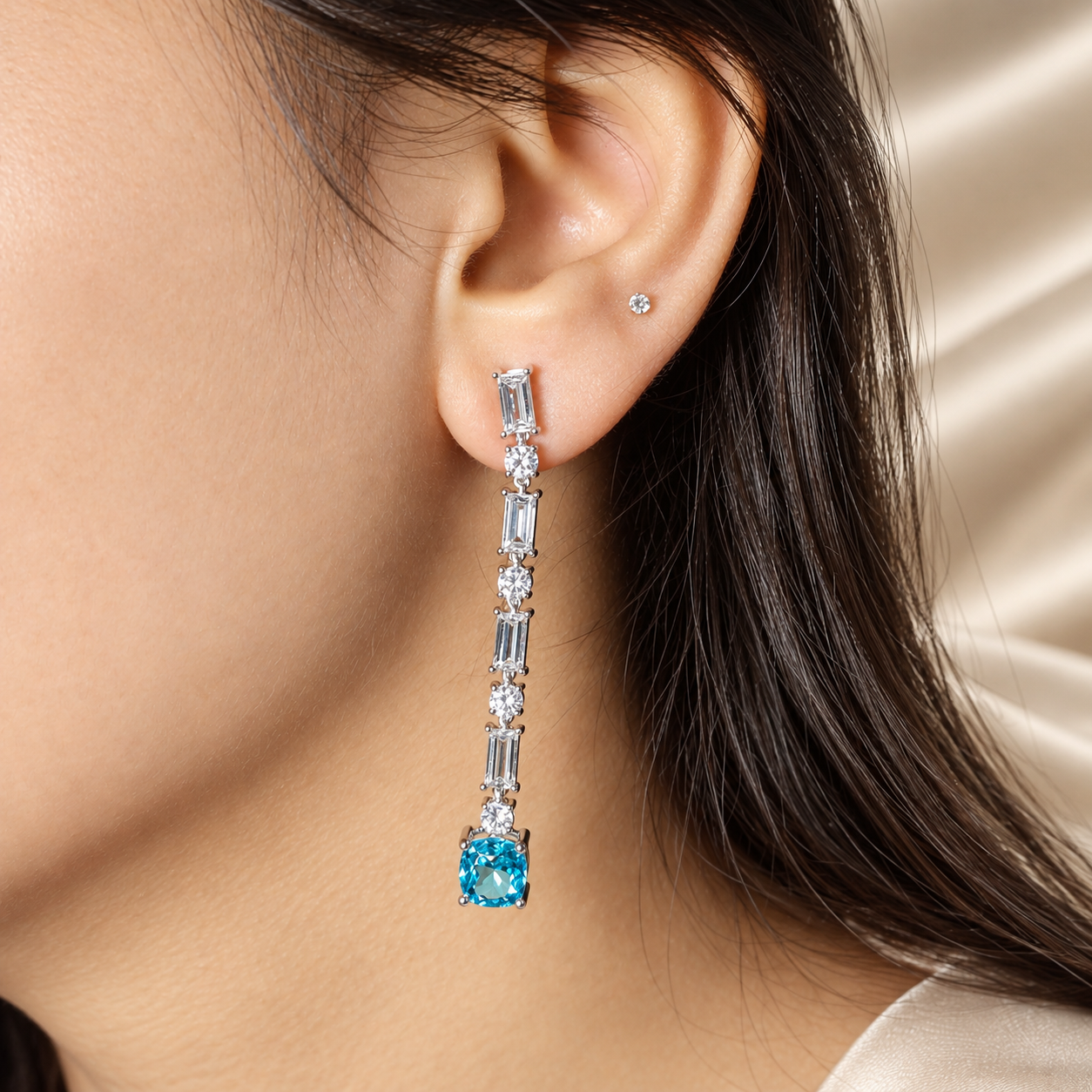 Blue Gemstone Drop Earrings with Round and Baguette Lab Grown Diamonds Elegant Bridal Jewelry