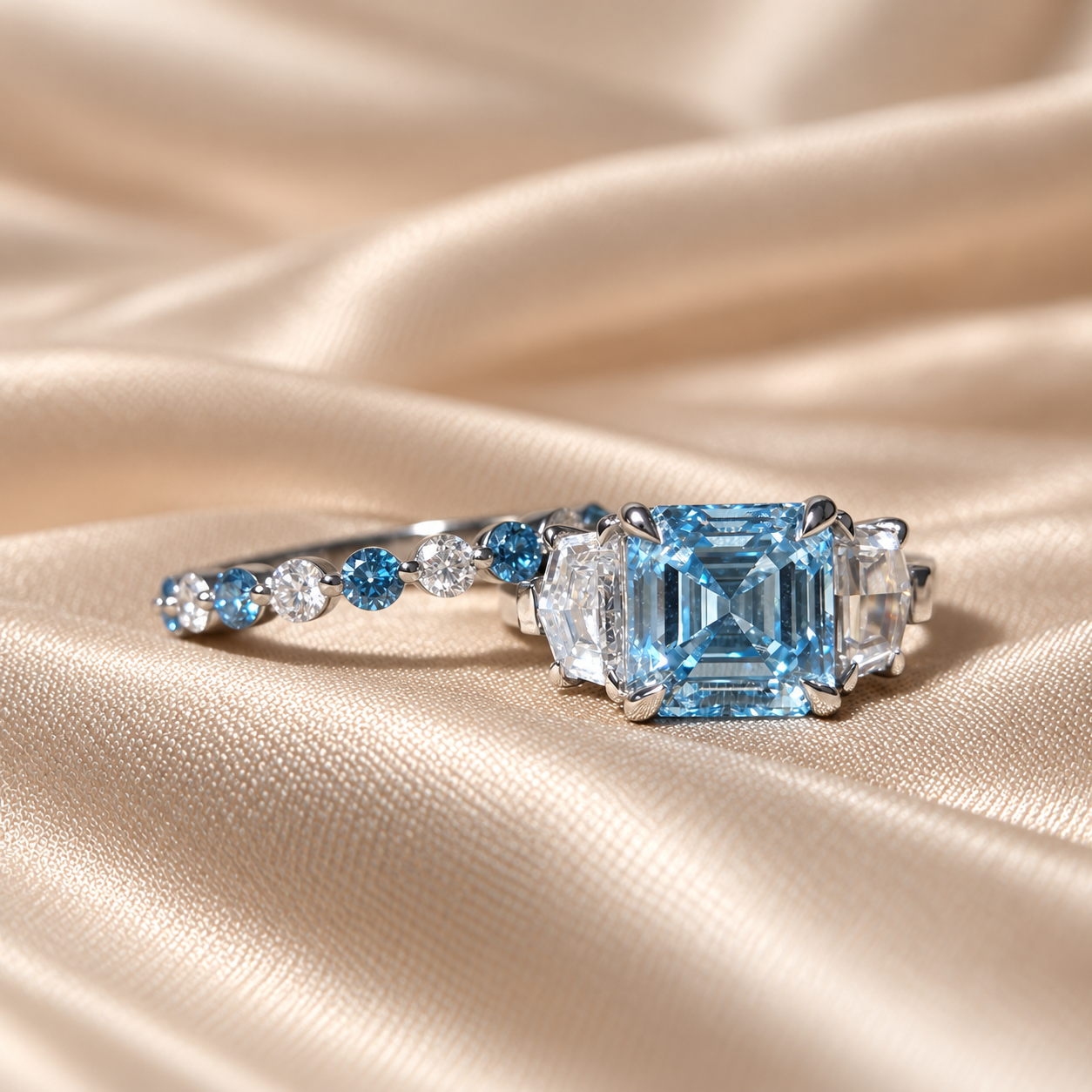 Blue Asscher Lab Grown Diamond Ring Set Elegant Wedding Ring Round Diamond Band Custom Bridal Ring Set