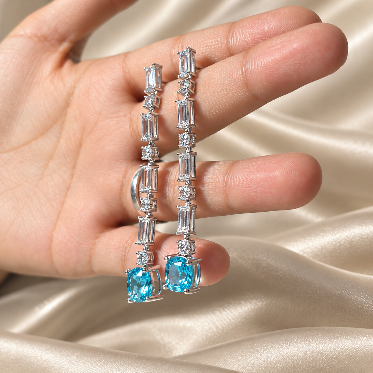 Blue Gemstone Drop Earrings with Round and Baguette Lab Grown Diamonds Elegant Bridal Jewelry