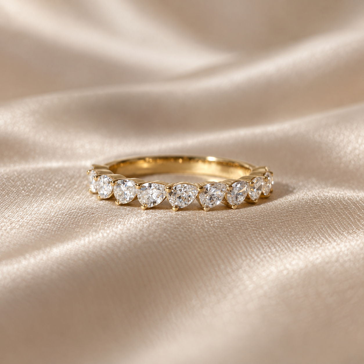 Pear Lab Grown Diamond Wedding Band Yellow Gold Band Elegant Minimalist Half Eternity Band