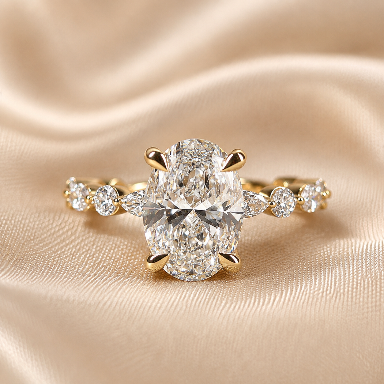 Oval Lab Grown Diamond Engagement Ring Marquise and Round Diamond Accent Ring