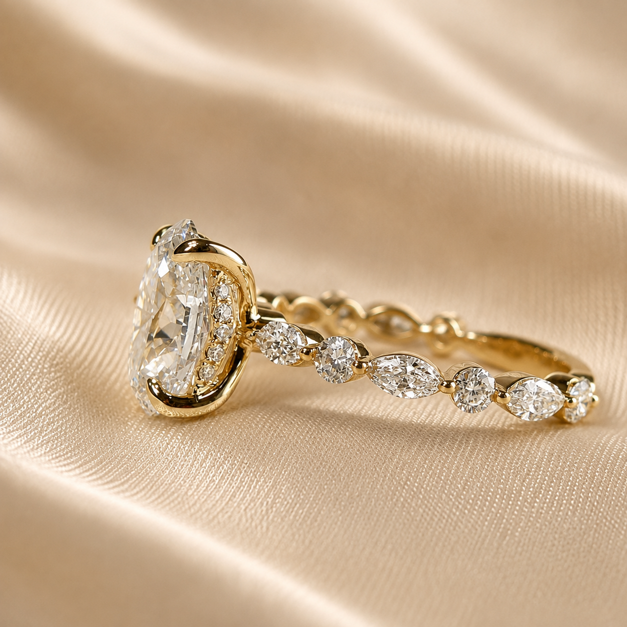 Oval Lab Grown Diamond Engagement Ring Marquise and Round Diamond Accent Ring