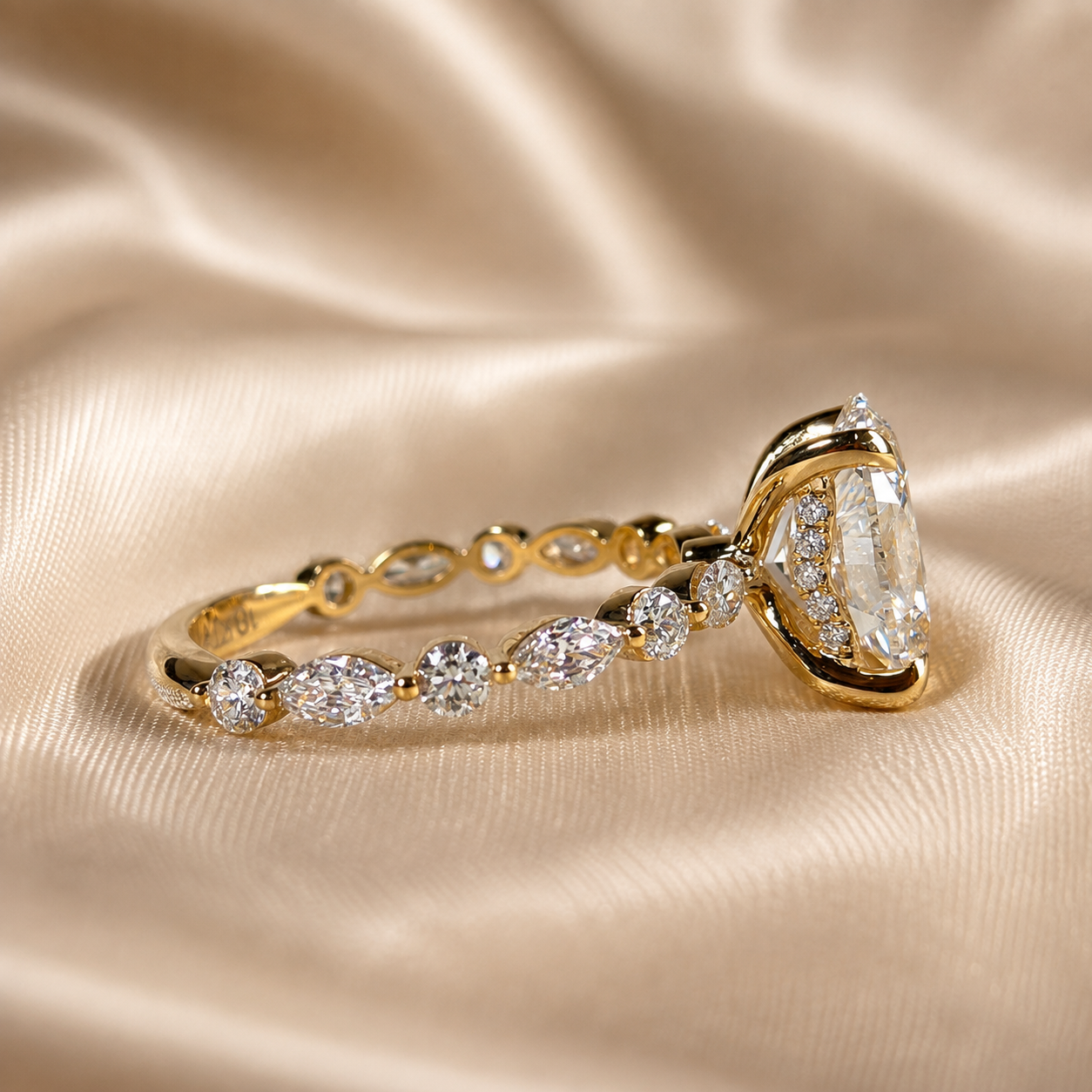 Oval Lab Grown Diamond Engagement Ring Marquise and Round Diamond Accent Ring