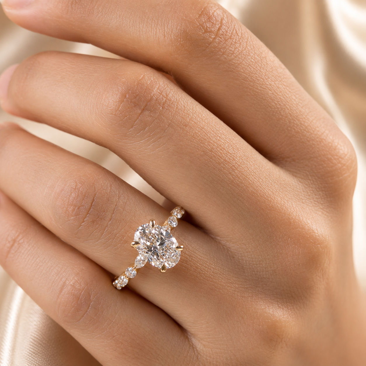 Oval Lab Grown Diamond Engagement Ring Marquise and Round Diamond Accent Ring