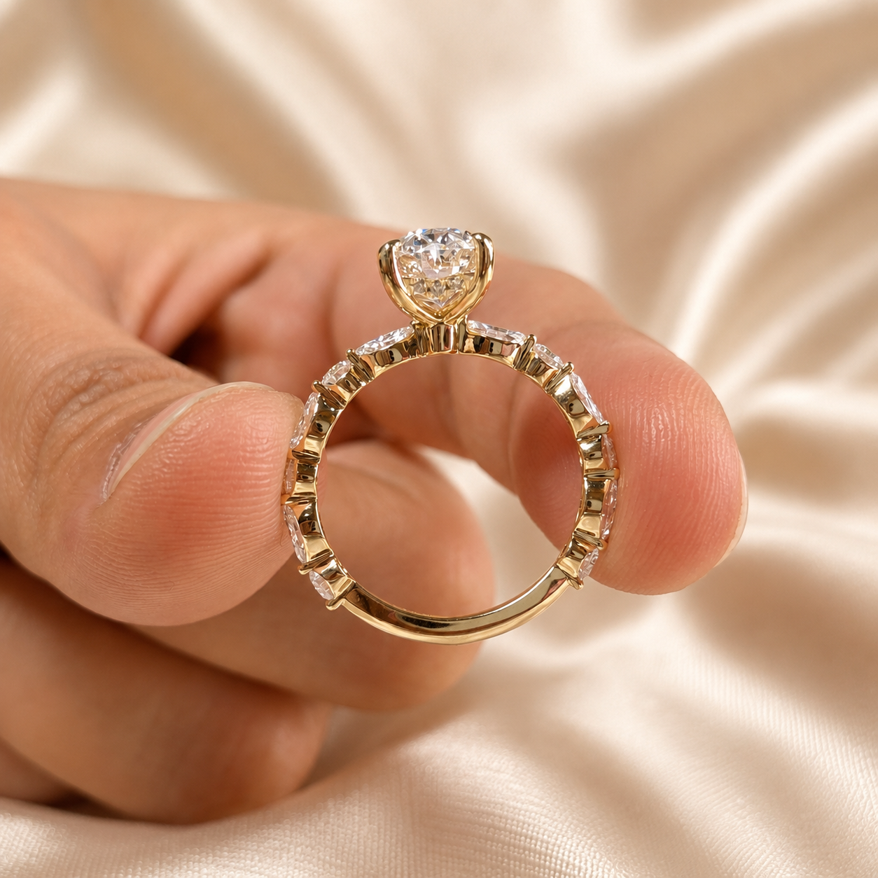 Oval Lab Grown Diamond Engagement Ring Marquise and Round Diamond Accent Ring