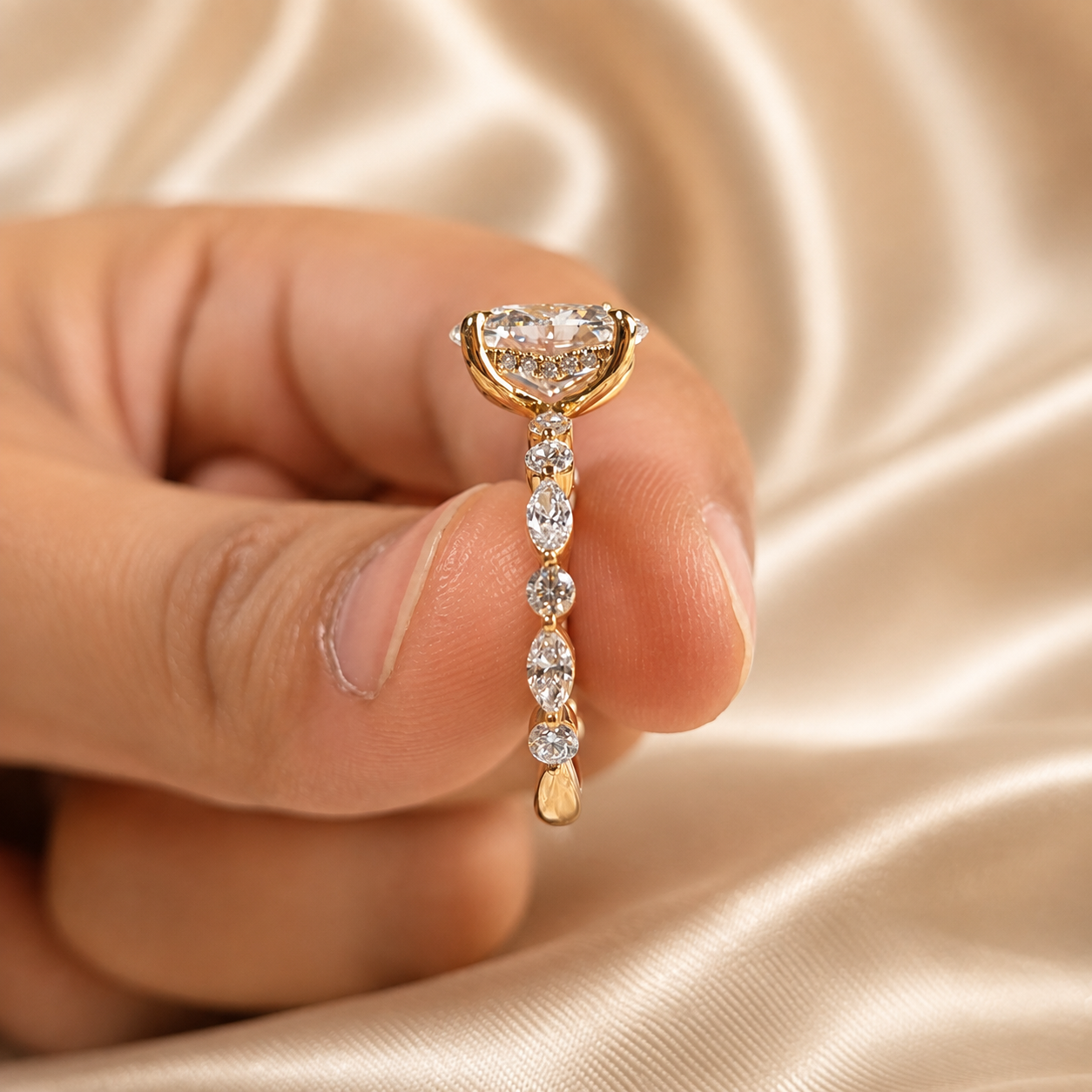Oval Lab Grown Diamond Engagement Ring Marquise and Round Diamond Accent Ring