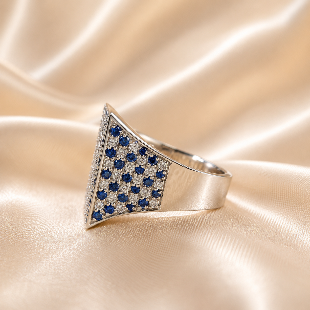 Blue Sapphire and Lab Grown Diamond Ring Elegant Square Statement Cocktail Ring
