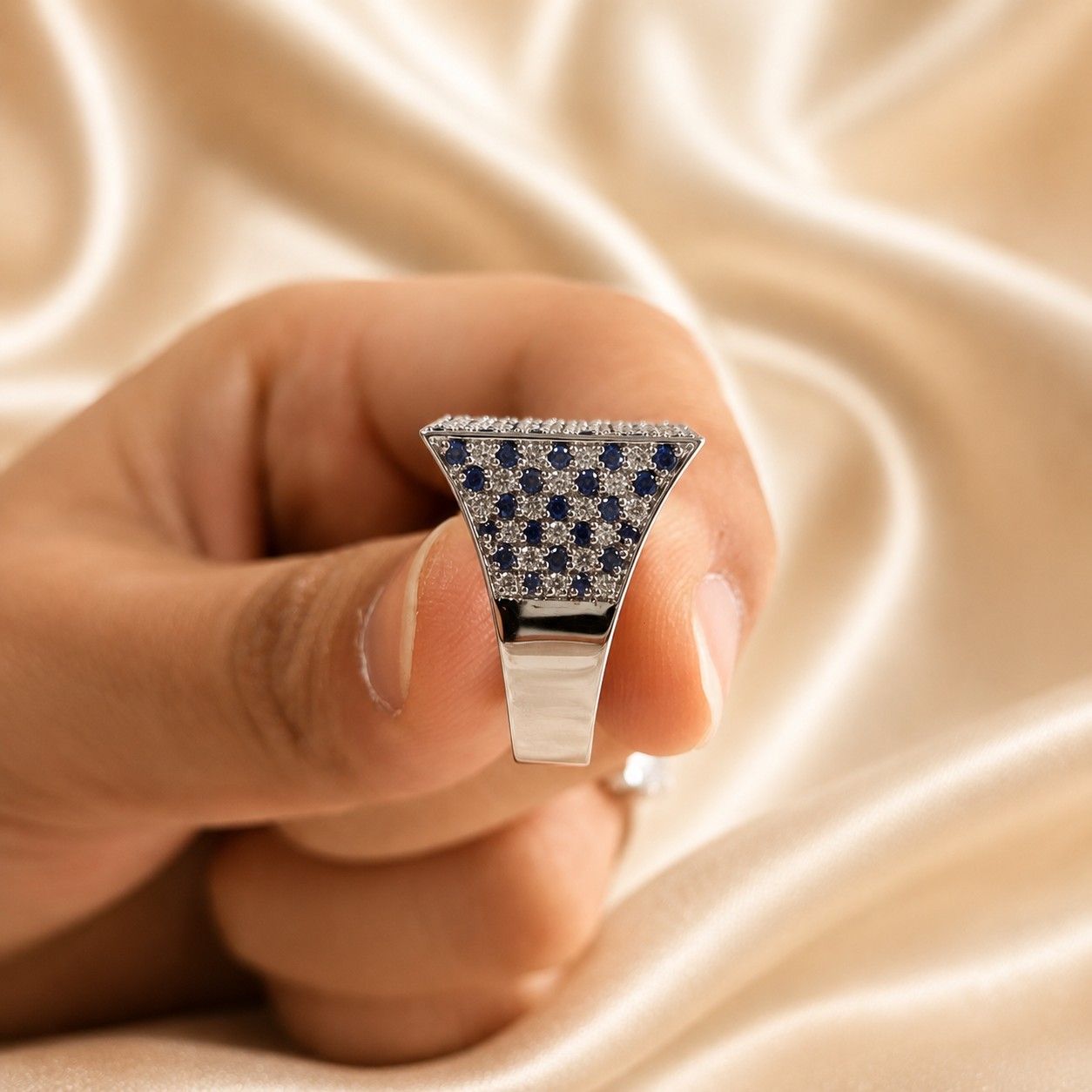 Blue Sapphire and Lab Grown Diamond Ring Elegant Square Statement Cocktail Ring