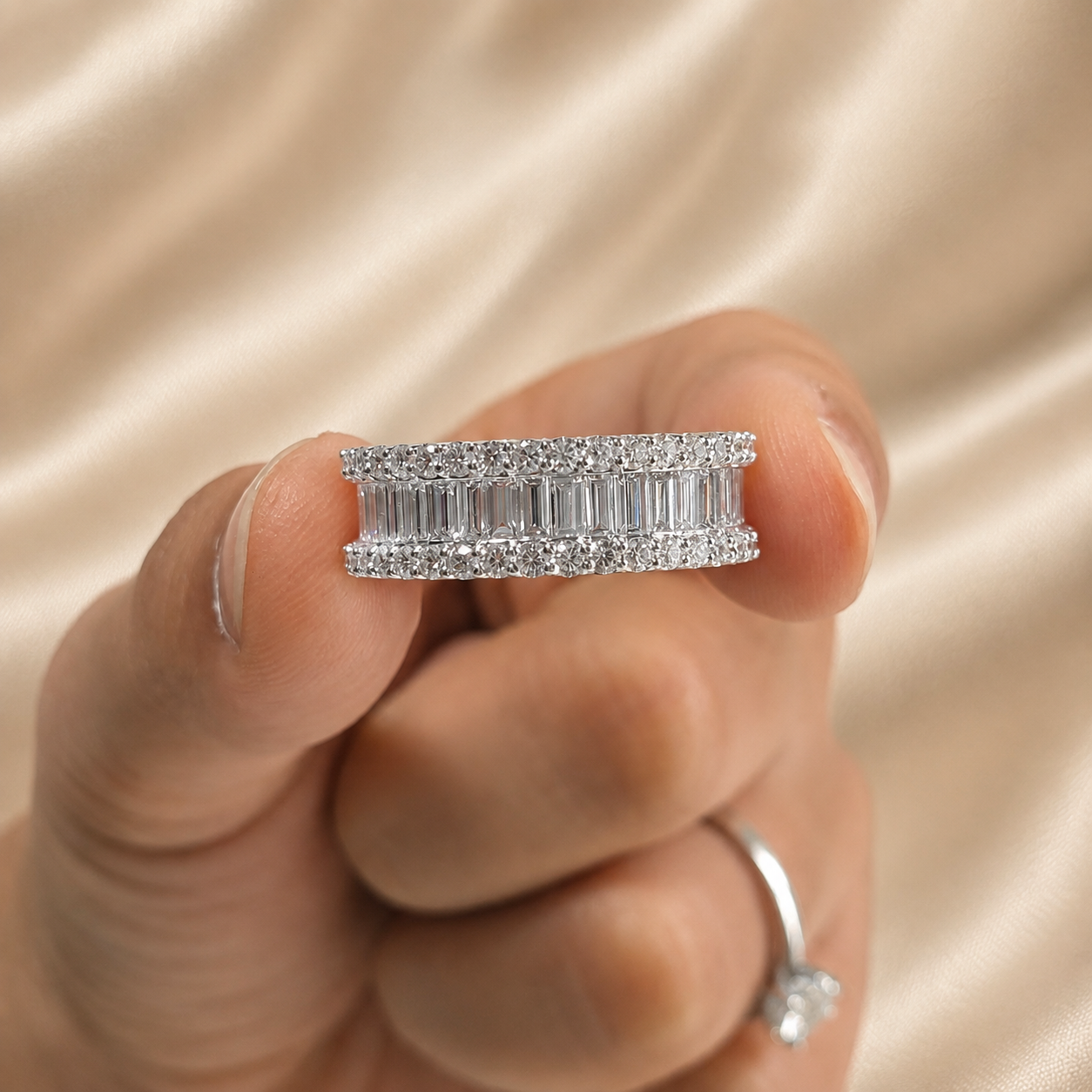 Baguette and Round Lab Grown Diamond Wedding Band Handmade Wide Diamond Eternity Band