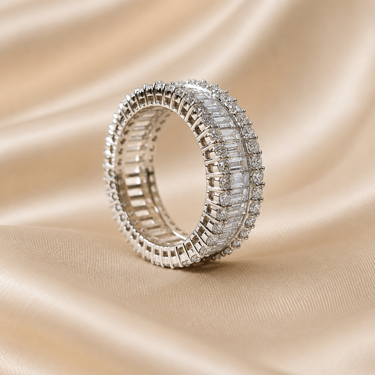 Baguette and Round Lab Grown Diamond Wedding Band Handmade Wide Diamond Eternity Band