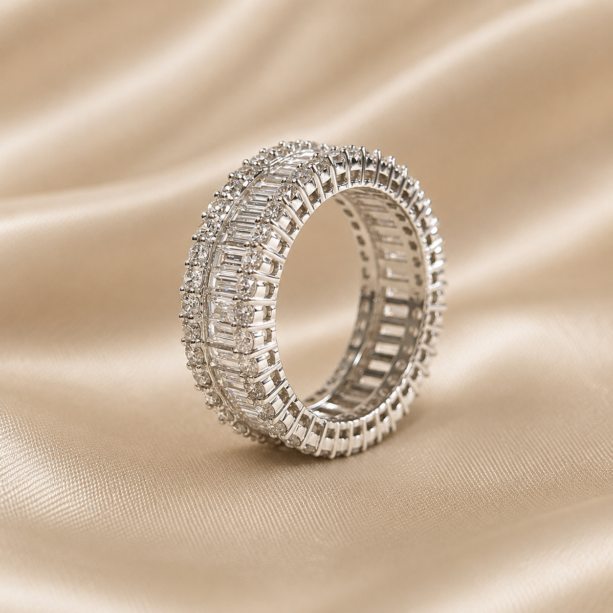 Baguette and Round Lab Grown Diamond Wedding Band Handmade Wide Diamond Eternity Band