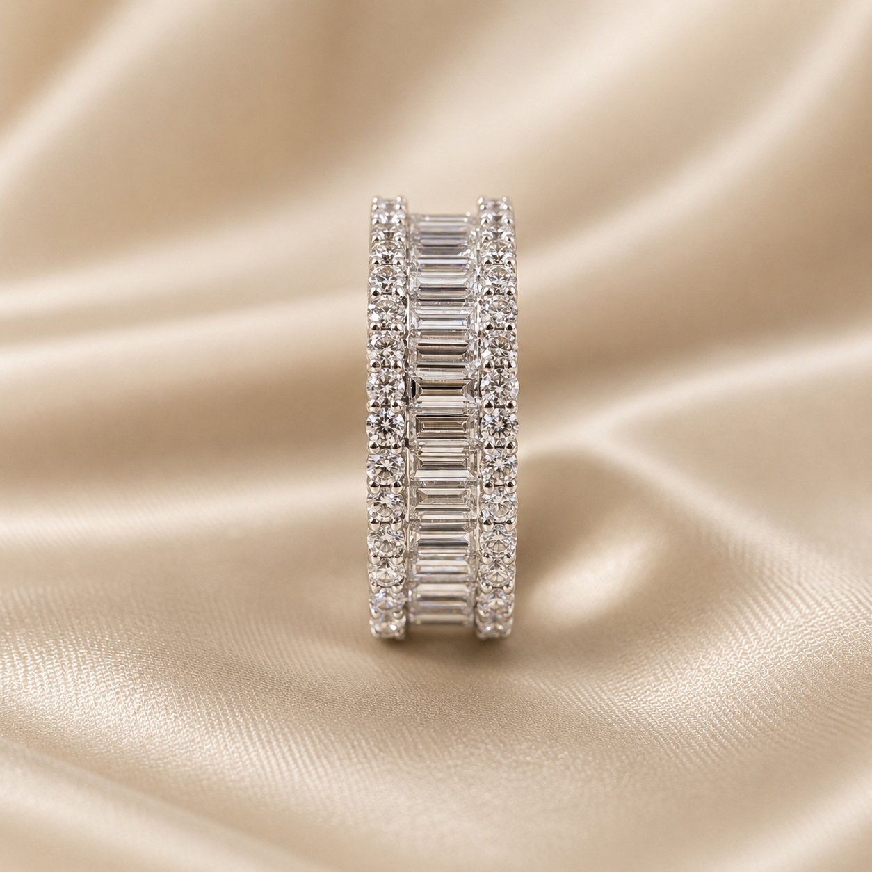 Baguette and Round Lab Grown Diamond Wedding Band Handmade Wide Diamond Eternity Band