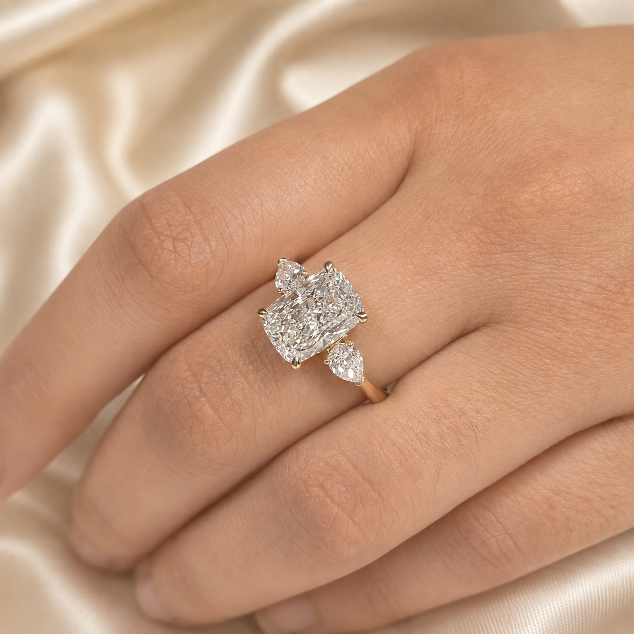 Cushion Lab Grown Diamond Engagement Ring Pear Side Diamond Three Stone Ring