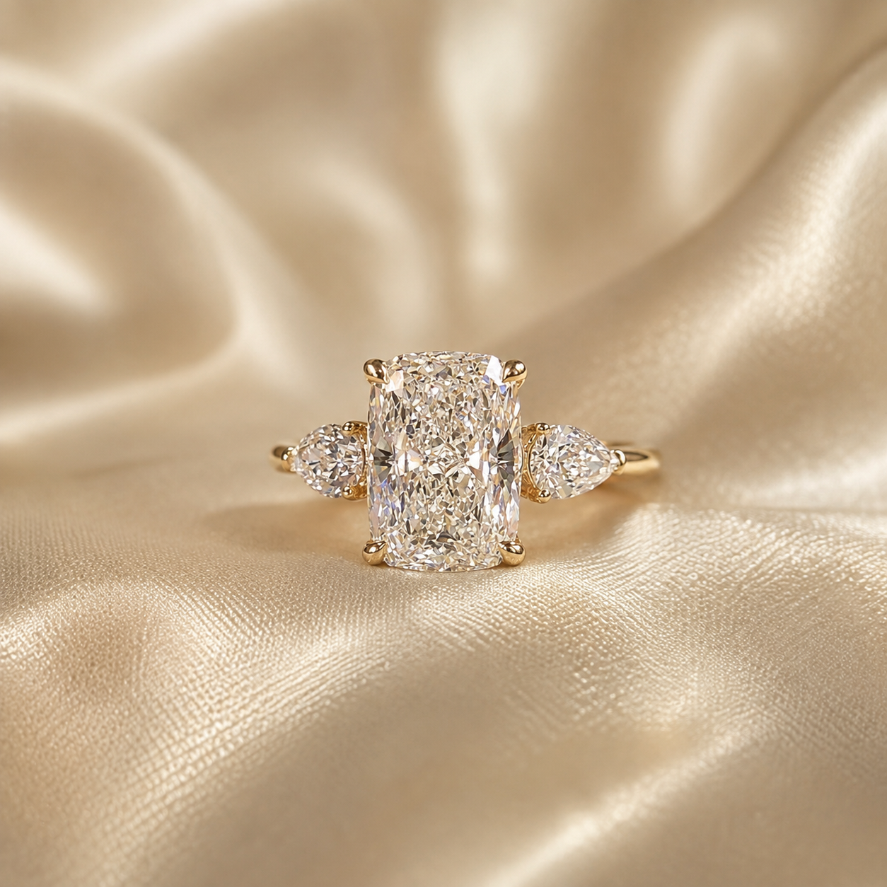 Cushion Lab Grown Diamond Engagement Ring Pear Side Diamond Three Stone Ring