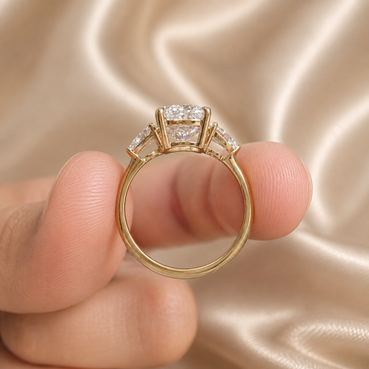 Cushion Lab Grown Diamond Engagement Ring Pear Side Diamond Three Stone Ring