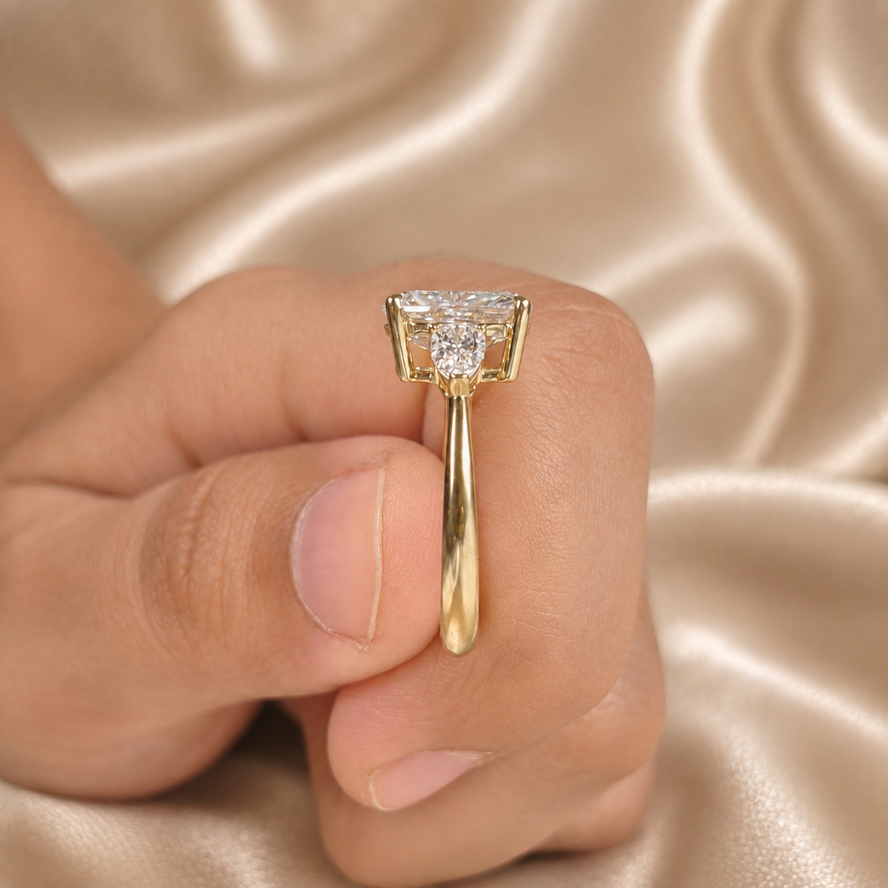 Cushion Lab Grown Diamond Engagement Ring Pear Side Diamond Three Stone Ring