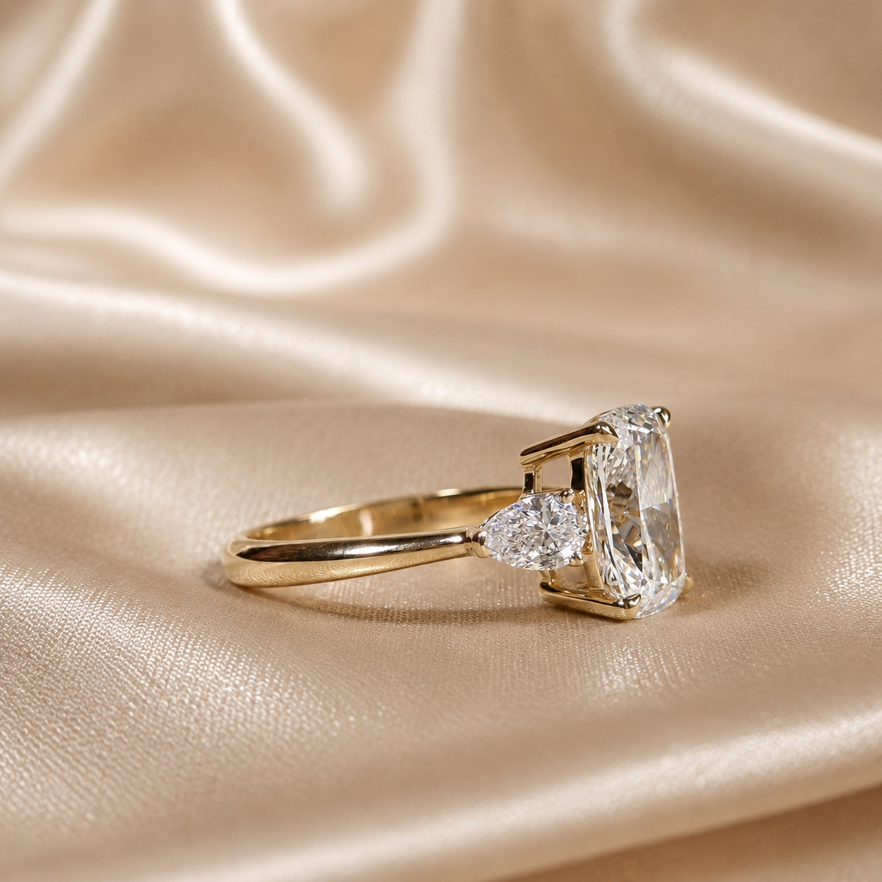 Cushion Lab Grown Diamond Engagement Ring Pear Side Diamond Three Stone Ring