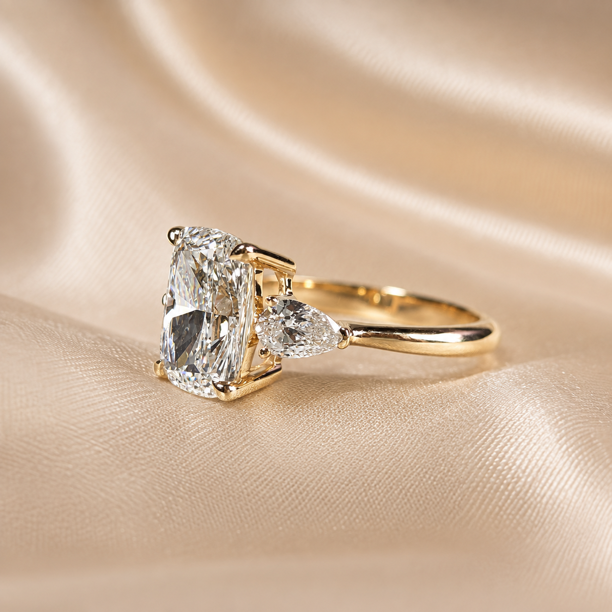 Cushion Lab Grown Diamond Engagement Ring Pear Side Diamond Three Stone Ring