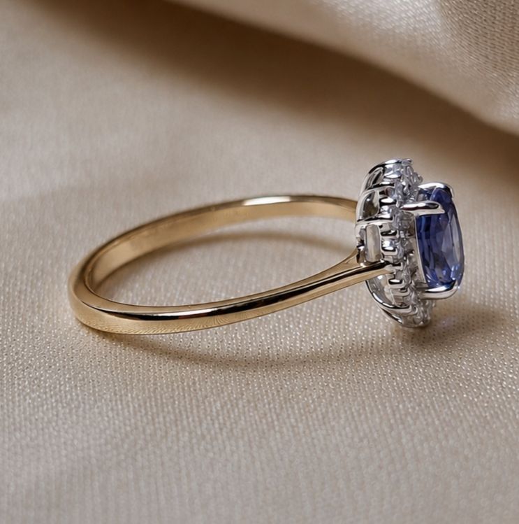 Oval Blue Sapphire Halo Engagement Ring Lab Grown Diamond Promise Ring