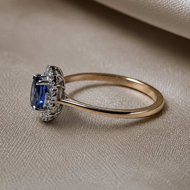 Oval Blue Sapphire Halo Engagement Ring Lab Grown Diamond Promise Ring
