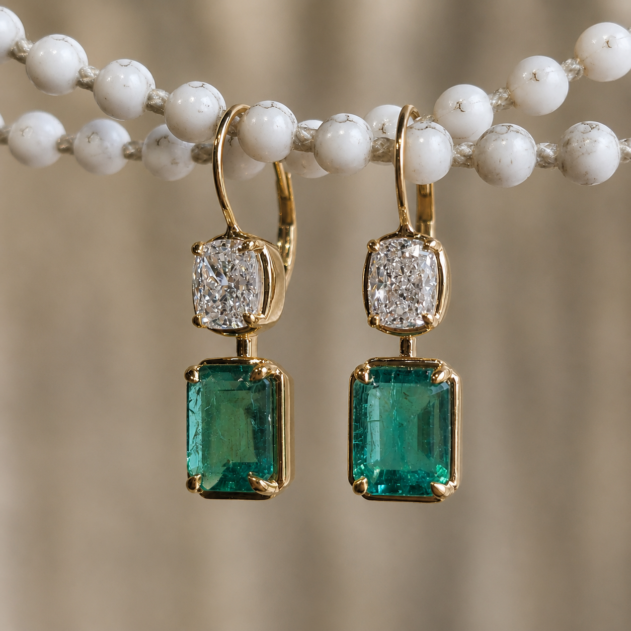 Emerald & Cushion Cut Lab Grown Diamond Drop Earrings Green Gemstone Dangle Earrings Statement Bridal Handmade Jewelry Gift for Her