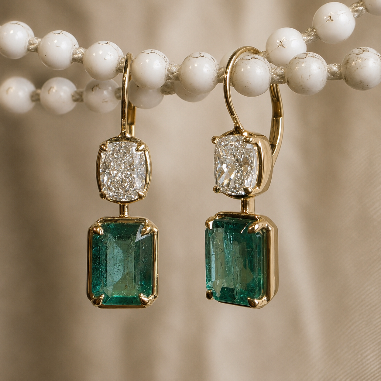 Emerald & Cushion Cut Lab Grown Diamond Drop Earrings Green Gemstone Dangle Earrings Statement Bridal Handmade Jewelry Gift for Her