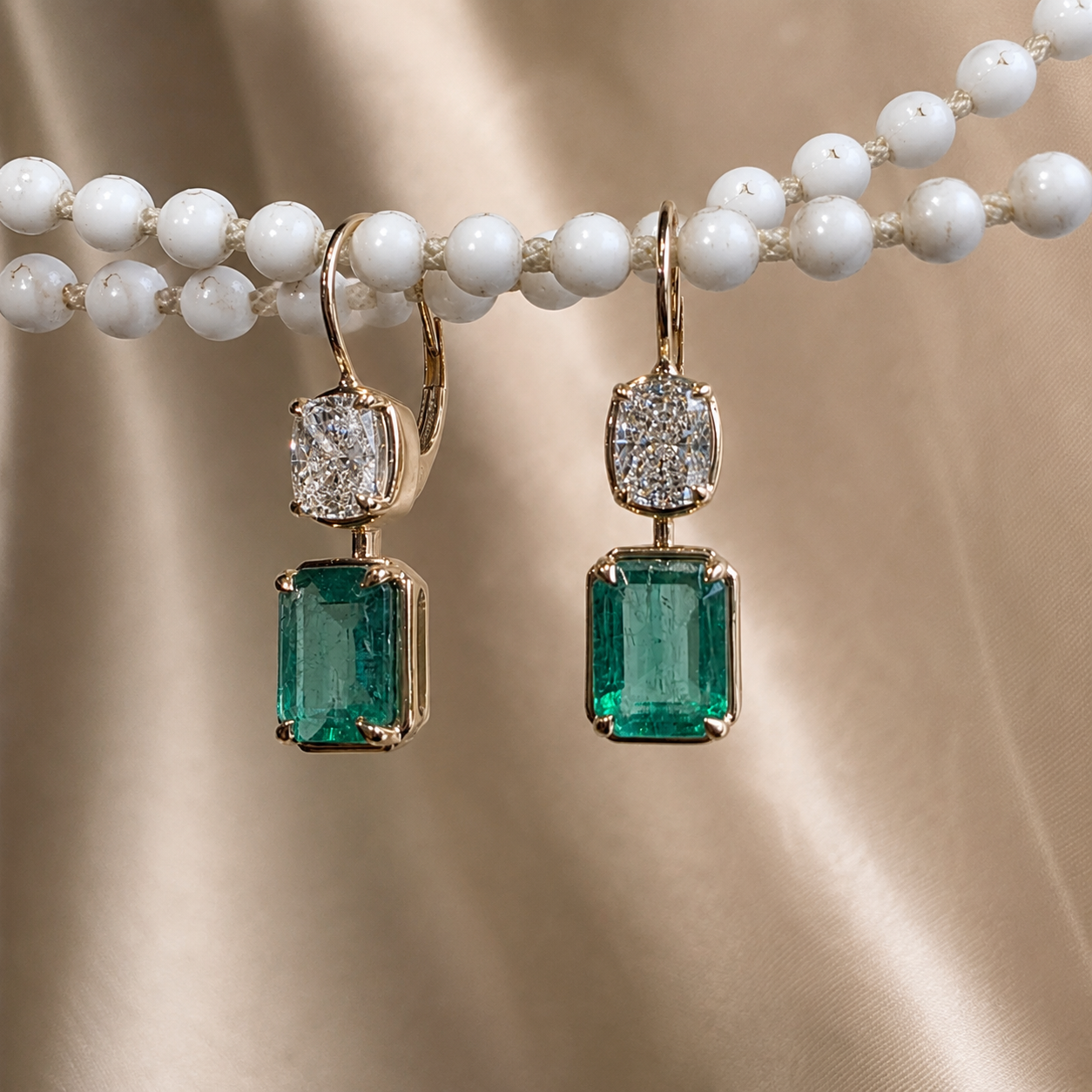 Emerald & Cushion Cut Lab Grown Diamond Drop Earrings Green Gemstone Dangle Earrings Statement Bridal Handmade Jewelry Gift for Her